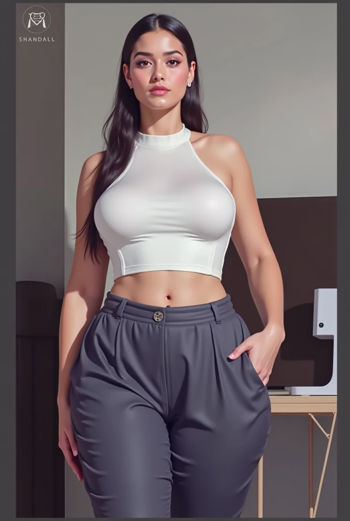 1 woman, tall, muscular, beautiful, black hair, blue eyes, white blouse, blue jeans, thick, muscular body, at home, big body.