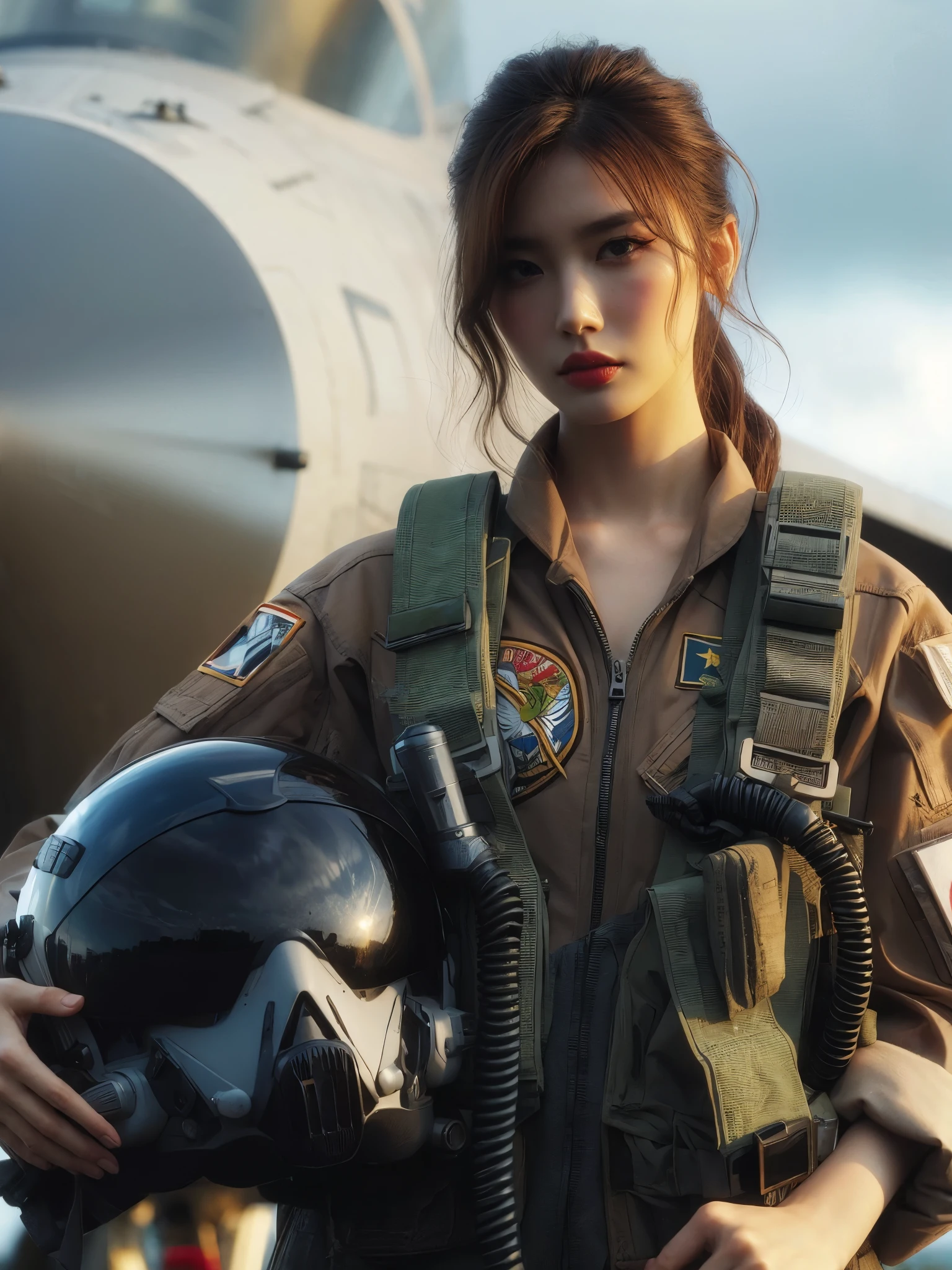 (best quality,8k,realistic,photorealistic:1.2),ultra-detailed,fighter pilot,Japanese beautiful woman belonging to the U.S. Air Force,standing next to a fighter jet,in a dynamic action pose,wearing a G-suit and holding a helmet,dramatic and bold composition,standing half-length,Zoom out