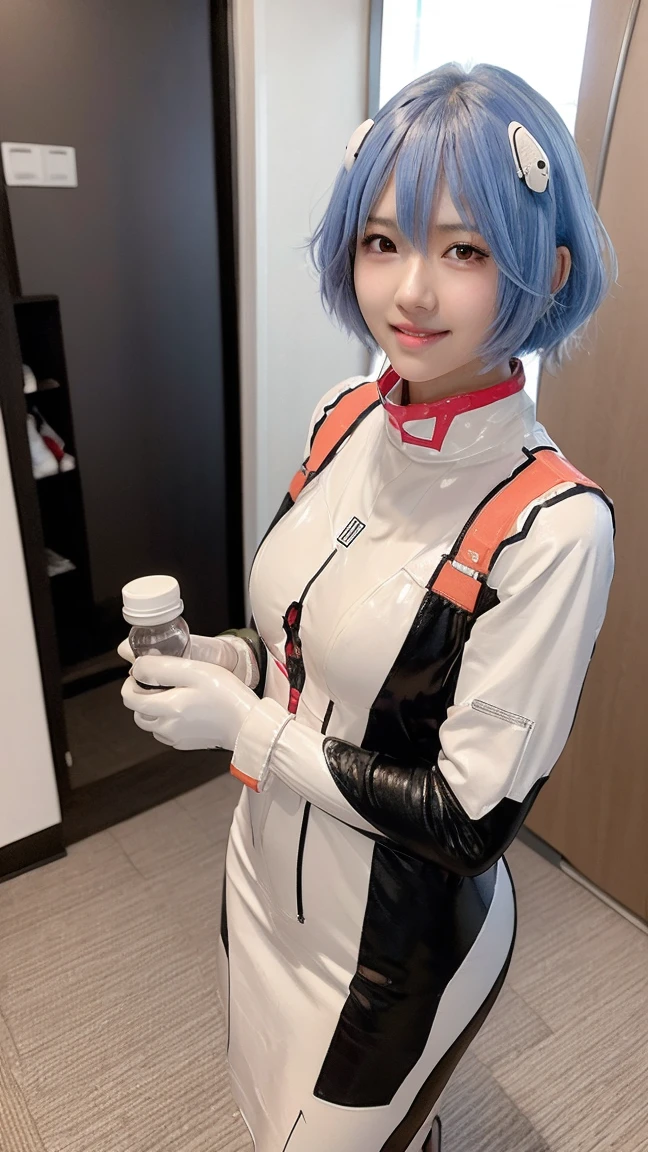 (One Girl:1.3), Japanese high school students, Great face and eyes, Looking into the camera, A joyful smile、Showing teeth、 (Highest quality:1.4), Very detailed CG 統合 8k 壁紙, Very detailed, 高解像度のRAWカラーphotograph, プロのphotograph撮影, Realistic full boDy shot, Studio shot、Portrait of sexy girl, Open appearance, Ultra-high resolution,Highest quality,photograph,4K,(Realistic:1.2),One Girl,:D,ayanami_Cosplay_Costume,Plug Suit,Blue Hair,Ayanami Rei,Pilot Suit,Cosplay,Interface Headset,Hair Pod,gloves,Braces,Perfect fit for your skin,(Short Hair:1.8)、slim、on the train、Dark Eyes、