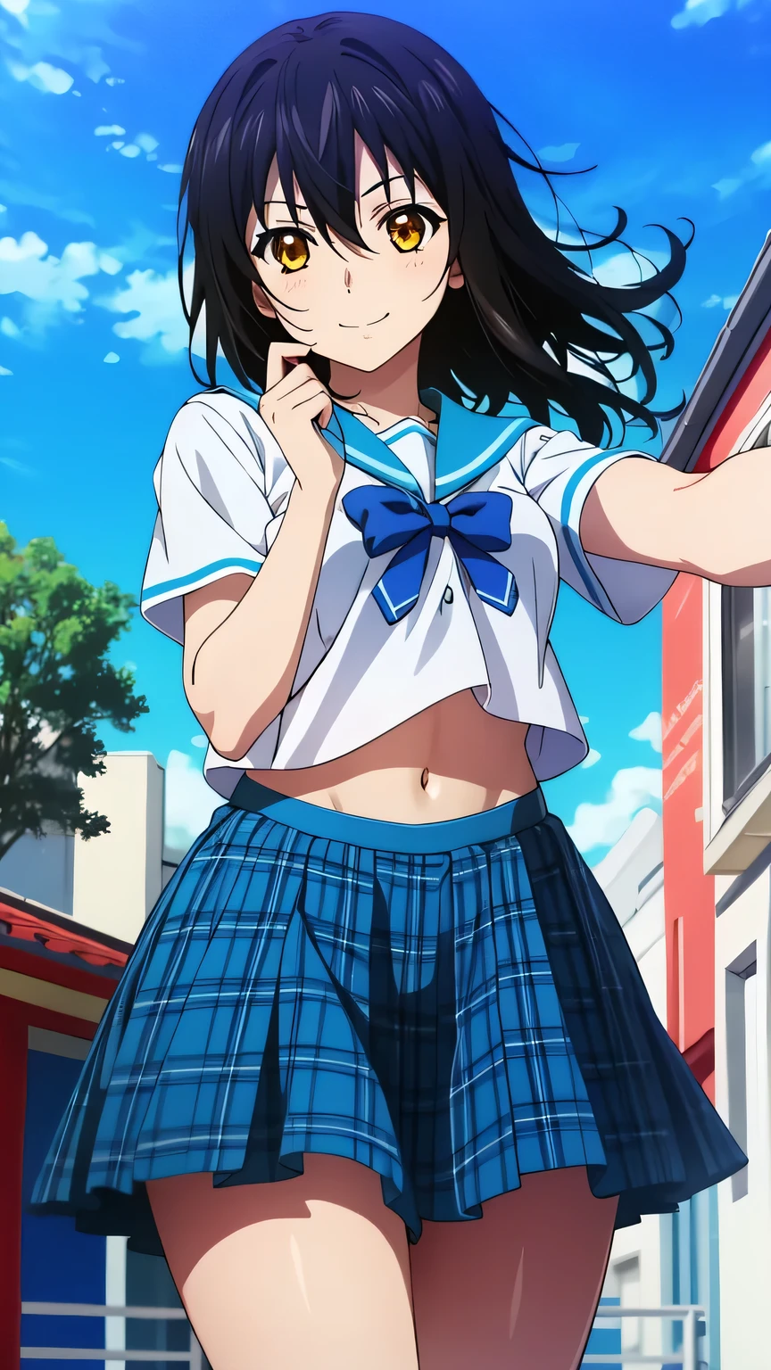 {{{masterpiece}}}, (best quality:1.5), (ultra-detailed:1.5), {illustration}, {{an extremely delicate and beautiful}}, (beautiful detailed eyes:1.6), absurdres, highres, extremely detailed face, 16k, hd, visual anime de uma jovem mulher, extremamente bonito rosto de anime, anime melhor garota, (perfect hands, perfect anatomy), anime face, Himeragi Yukina(Strike The Blood), 1girl, solo, cute face, medium hair, front hair, black hair, hair between eye, (yellow eyes:1.3), (High resolution eyes, Beautiful eyes, Light in the eyes), flushed cheeks, medium breasts, big hips, curvaceous, BREAK, serafuku, {school uniform}, summer uniform, white shirt, short sleeves, blue sailor collar, blue bowtie, navel, mini skirt, pleated skirt, plaid skirt, blue skirt, thighs, BREAK, standing, smiling, outdoor, sky, public park, reaching out a hand
