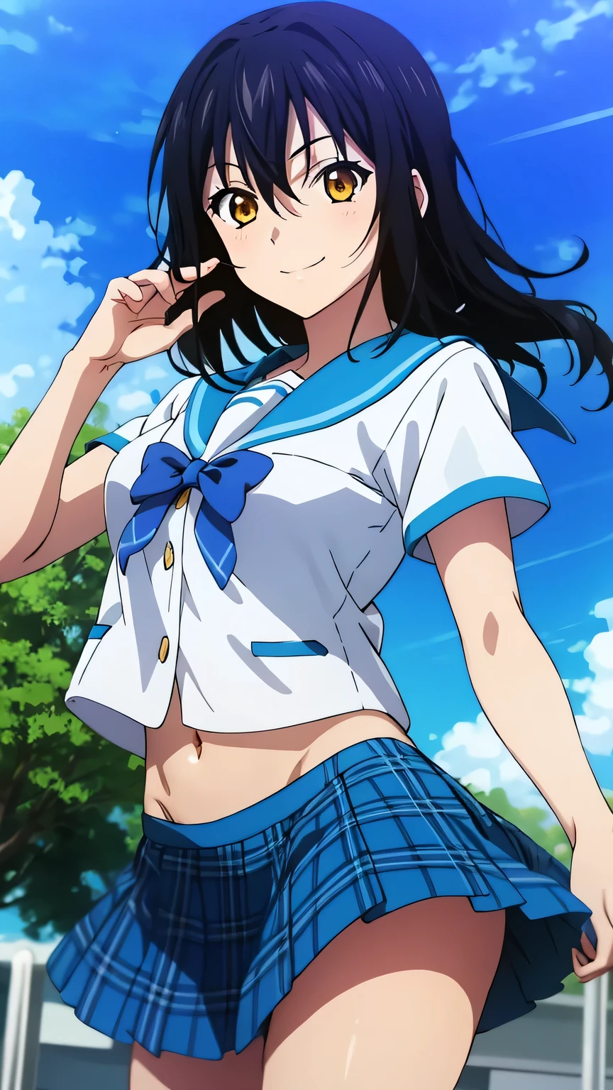 {{{masterpiece}}}, (best quality:1.5), (ultra-detailed:1.5), {illustration}, {{an extremely delicate and beautiful}}, (beautiful detailed eyes:1.6), absurdres, highres, extremely detailed face, 16k, hd, visual anime de uma jovem mulher, extremamente bonito rosto de anime, anime melhor garota, (perfect hands, perfect anatomy), anime face, Himeragi Yukina(Strike The Blood), 1girl, solo, cute face, medium hair, front hair, black hair, hair between eye, (yellow eyes:1.3), (High resolution eyes, Beautiful eyes, Light in the eyes), flushed cheeks, medium breasts, big hips, curvaceous, BREAK, serafuku, {school uniform}, summer uniform, white shirt, short sleeves, blue sailor collar, blue bowtie, navel, mini skirt, pleated skirt, plaid skirt, blue skirt, thighs, BREAK, standing, smiling, outdoor, sky, public park, reaching out a hand