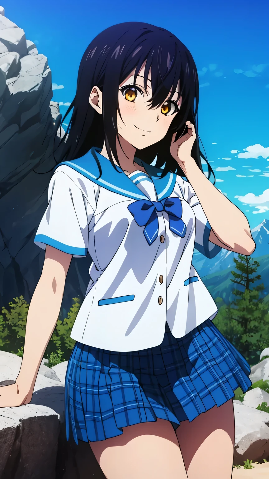 {{{masterpiece}}}, (best quality:1.5), (ultra-detailed:1.5), {illustration}, {{an extremely delicate and beautiful}}, (beautiful detailed eyes:1.6), absurdres, highres, extremely detailed face, 16k, hd, visual anime de uma jovem mulher, extremamente bonito rosto de anime, anime melhor garota, (perfect hands, perfect anatomy), anime face, Himeragi Yukina(Strike The Blood), 1girl, solo, cute face, medium hair, front hair, black hair, hair between eye, (yellow eyes:1.3), (High resolution eyes, Beautiful eyes, Light in the eyes), flushed cheeks, medium breasts, big hips, curvaceous, BREAK, serafuku, {school uniform}, summer uniform, white shirt, short sleeves, blue sailor collar, blue bowtie, mini skirt, pleated skirt, plaid skirt, blue skirt, thighs, BREAK, cute face, smiling, standing, outdoor, daytime, solar, rock, mountain, forest, desert, sky, lake, look the sky, look up, (bust shot:1.3), from side, from below