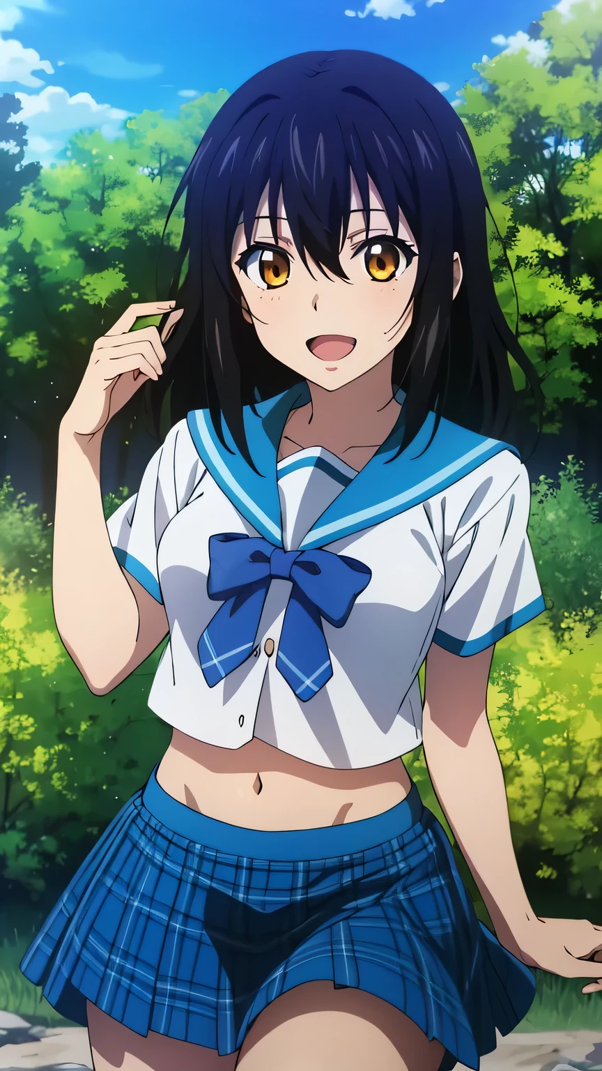 {{{masterpiece}}}, (best quality:1.5), (ultra-detailed:1.5), {illustration}, {{an extremely delicate and beautiful}}, (beautiful detailed eyes:1.6), absurdres, highres, extremely detailed face, 16k, hd, visual anime de uma jovem mulher, extremamente bonito rosto de anime, anime melhor garota, (perfect hands, perfect anatomy), anime face, Himeragi Yukina(Strike The Blood), 1girl, solo, cute face, medium hair, front hair, black hair, hair between eye, (yellow eyes:1.3), (High resolution eyes, Beautiful eyes, Light in the eyes), flushed cheeks, medium breasts, big hips, curvaceous, BREAK, serafuku, {school uniform}, summer uniform, white shirt, short sleeves, blue sailor collar, blue bowtie, navel, mini skirt, pleated skirt, plaid skirt, blue skirt, thighs, BREAK, sorriso alegre, open mouth, visual anime de uma jovem mulher, extremamente bonito rosto de anime, anime melhor garota, outdoor, sky, daytime, forest, field