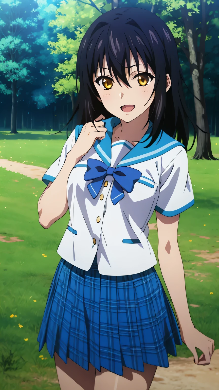 {{{masterpiece}}}, (best quality:1.5), (ultra-detailed:1.5), {illustration}, {{an extremely delicate and beautiful}}, (beautiful detailed eyes:1.6), absurdres, highres, extremely detailed face, 16k, hd, visual anime de uma jovem mulher, extremamente bonito rosto de anime, anime melhor garota, (perfect hands, perfect anatomy), anime face, Himeragi Yukina(Strike The Blood), 1girl, solo, cute face, medium hair, front hair, black hair, hair between eye, (yellow eyes:1.3), (High resolution eyes, Beautiful eyes, Light in the eyes), flushed cheeks, medium breasts, big hips, curvaceous, BREAK, serafuku, {school uniform}, summer uniform, white shirt, short sleeves, blue sailor collar, blue bowtie, mini skirt, pleated skirt, plaid skirt, blue skirt, thighs, BREAK, sorriso alegre, open mouth, visual anime de uma jovem mulher, extremamente bonito rosto de anime, anime melhor garota, outdoor, sky, daytime, forest, field