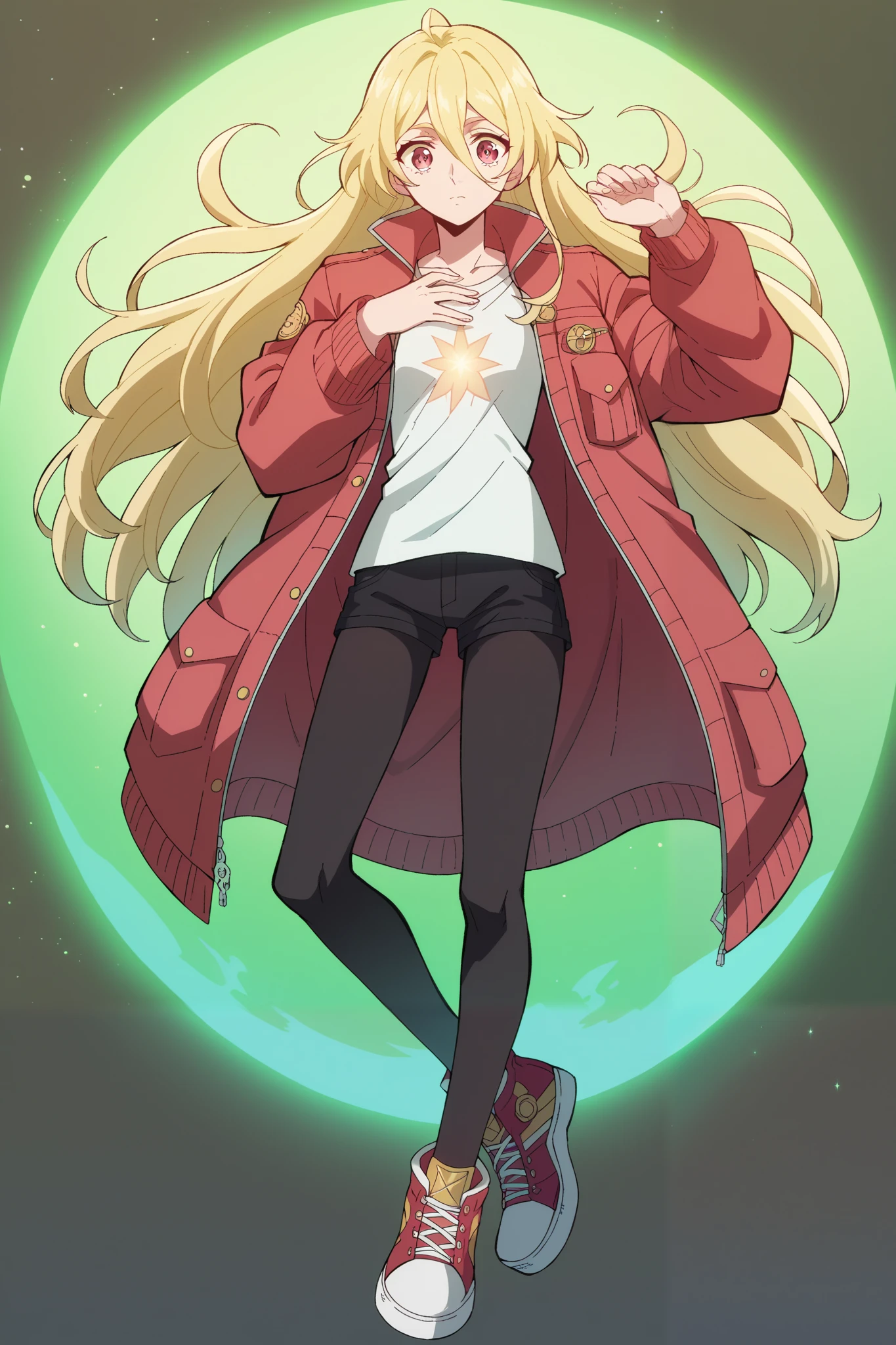 score_9, score_8_up, score_7_up, score_6_up, score_5_up, blonde facing the viewer , 1 sixteen year old girl, long-haired blonde, fragile, slim, light golden long hair , bangs on the forehead, hair between eyes , raspberry eyes , dark pink eyes , Warm jacket, warm shorts , warm tights , crimson sneakers , pressed her hands to her chest , full length style, around her body light green electrical discharges, green aura, green glow , in the background a huge sea wave , walks along the glowing green lines , around outer space , stars , planets, nebulae, pleiades , of the