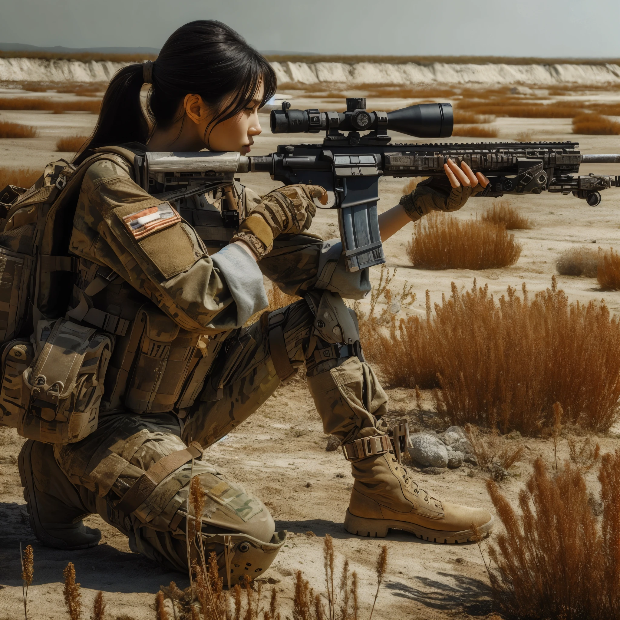 beautiful Korean woman, wearing a thick tactical uniform shirt and long tactical trousers, short hairstyle, smooth white skin. by holding an ak 74, vest, backpack bag. Collation on a high mountain peak,Barren fields. clear blue sky with few white clouds. fisheye lens shot, ultra-wide lens shot, verry realistic, detailed, sharp, detailed texture,high quality photos