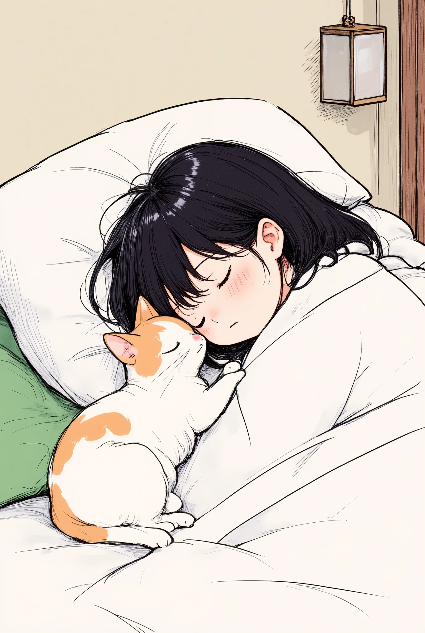 Masterpiece, illustration,  vector art,  little character , Japanese,  1 girl, shortcuts, black hair, detailed face,  is sleeping on a futon,( tired face:1.6),(A calico cat is watching a woman:2.0),Japanese House