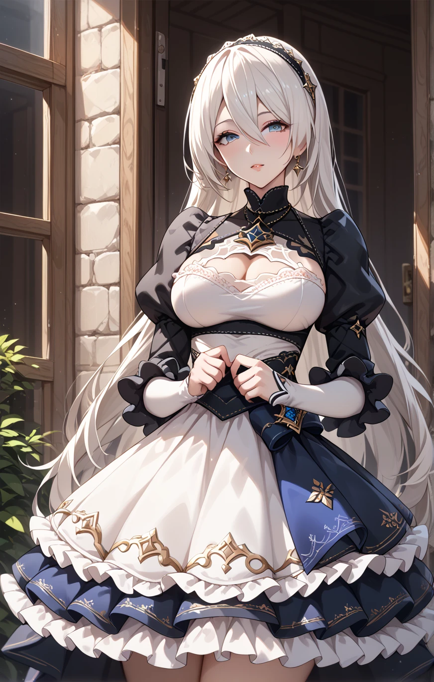 Score _9, Score _8_Climb, Score _7_Climb, Origin _Anime, Anime art, Anime style, very beautiful, masterpiece , Measurement , 1 girl , Cool character , curvy shape , White hair, Long hair, hair between eyes , Emotionless, 2b, Yorha no. 2 type B , house, soft light , Climbper body , Idol outfit , miniskirt, Flared skirt , multi-layered skirts
