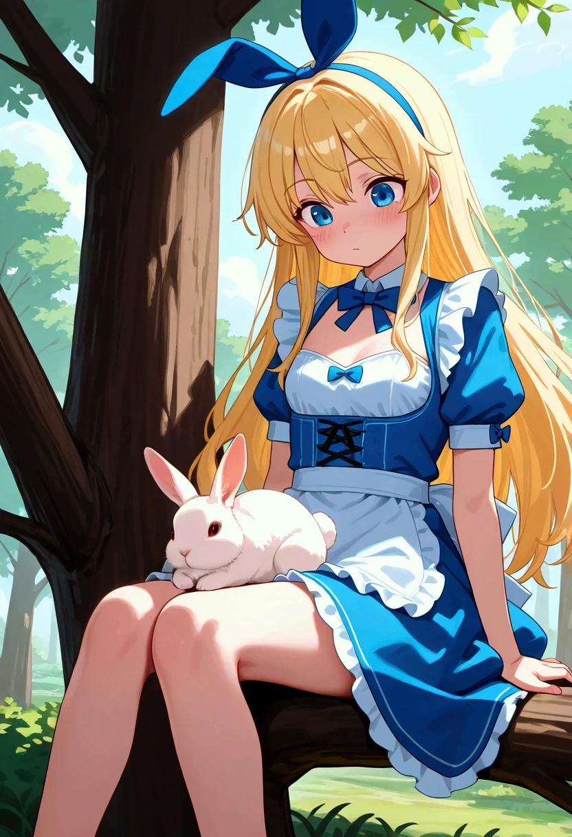 1girl, Alice in wonderland, cunning, crazy smile, beautiful, sitting, masterpiece, best quality, very aesthetic, absurdres