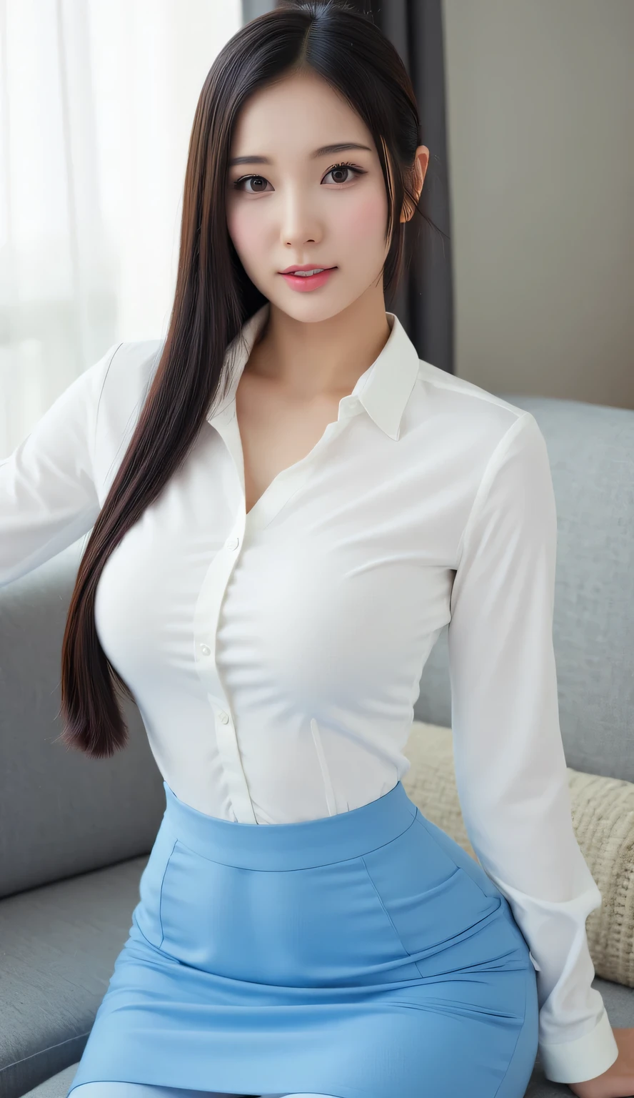 Women's seoran , sitting on the sofa, Facing front, Use a long formal shirt to the butt of satin material of white color using fishtail model skirt long to toe satin material of light blue color, Ideal body shape , very large breasts, long hair tied ponytail