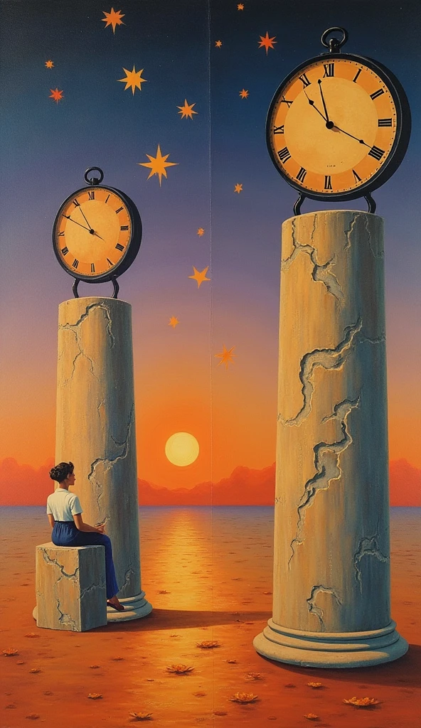 " Real dream nature painting , by Salvador Dali . A landscape dominated by liquid clocks on a stone pillar . The woman sits on one of the pillars , while looking at the stars falling like rain .
The atmosphere is melancholic yet magical , evokes the passage of time and a sense of loss under the sunset sky orange and purple. pastel orange ground surface ,