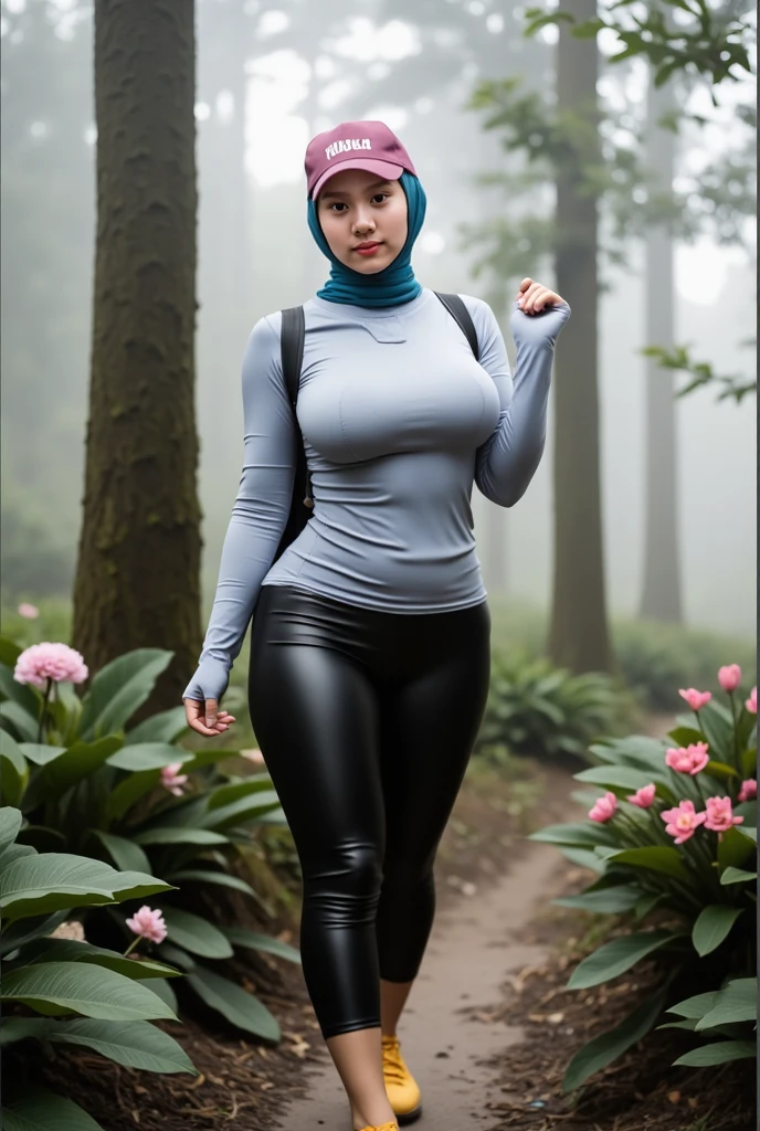 full-body portrait photograph of a young java woman hijab with polo Cap, wearing pinafore with shirt, hotpant with leggings, oversized_breasts.", she is hiking, beautiful_breasts. sensual body, in a unique, photoshot model, ((In front of flowers in the misty forest)), pullover, highres, 4k, HDR, 1girl, photorealistic, realistic, big booobs, turning away facial at viewer, closeup
