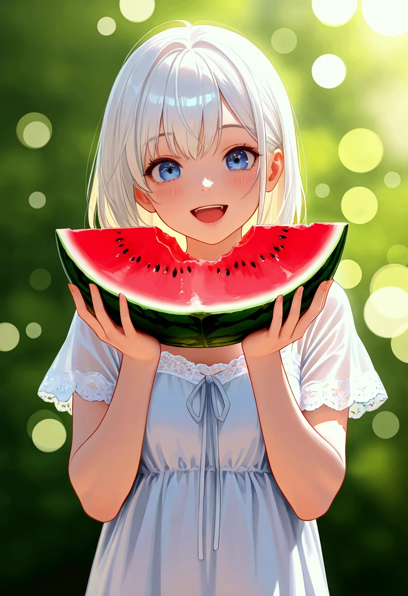 summer,sunny,Blue sky,White Cloud,Teenager eating watermelon in the farmland,