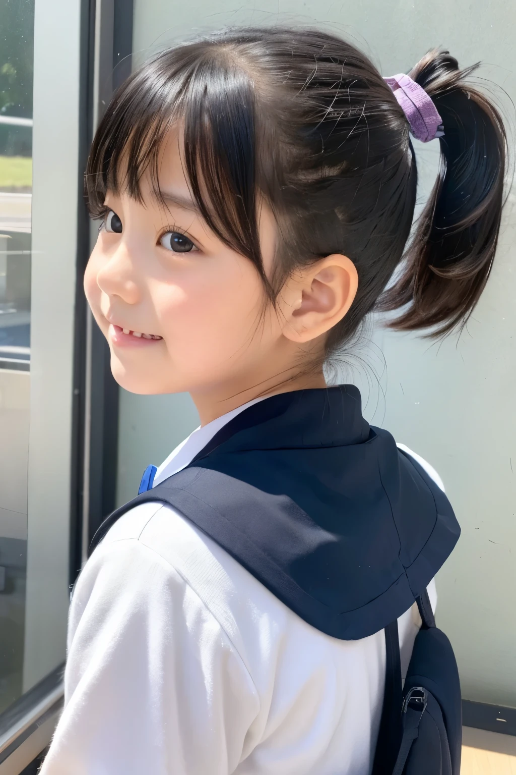 (Elementary School Girl 2), Solo, Smooth Hair (Upper Body: 1.1), (See here: 1.1), Smile, Nice Face, Skin Protruding, White Skin, Double Eyes (1.2), Movie, Genki, Sunny, Outside, Shorts Visible