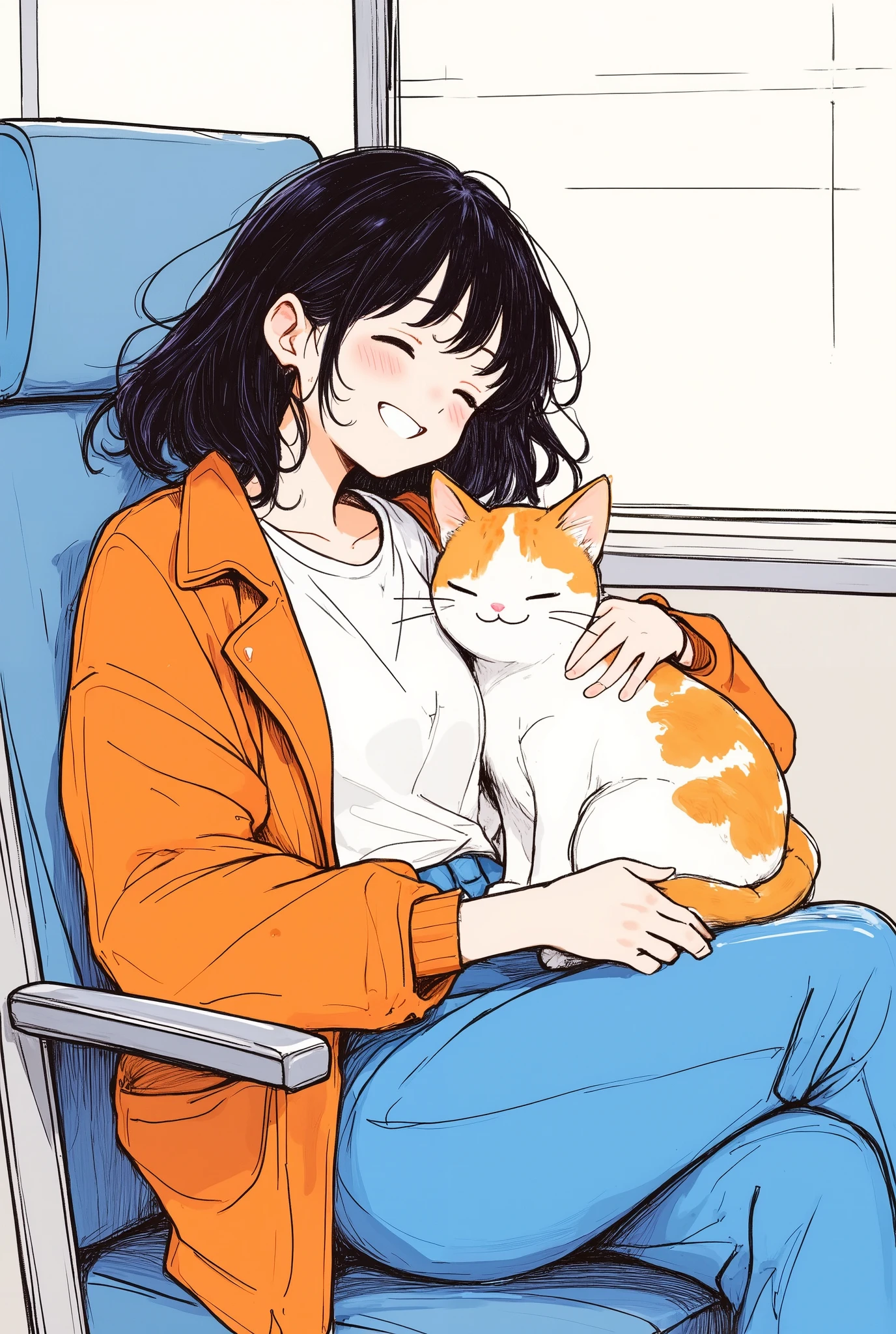 Masterpiece, illustration, vector art, little character , Japanese, 1 girl, shortcuts, black hair, detailed face,Orange jacket, white Y shirt,blue pants ,(Face of joy:1.6),(A woman and a calico cat are sleeping well on the train:2.0)