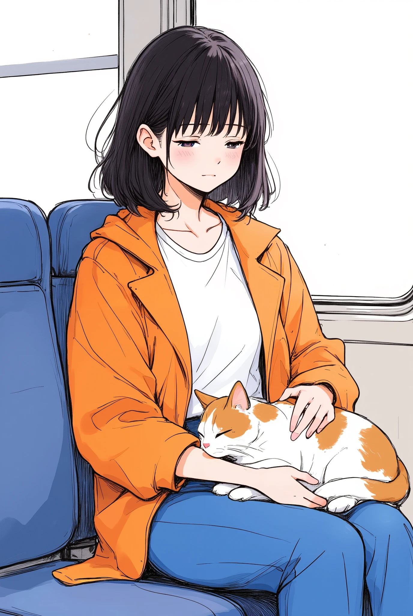 Masterpiece, illustration, vector art, little character , Japanese, 1 girl, shortcuts, black hair, detailed face,Orange jacket, white Y shirt,blue pants ,( tired face:1.6),(A woman and a calico cat are on a train:2.0)