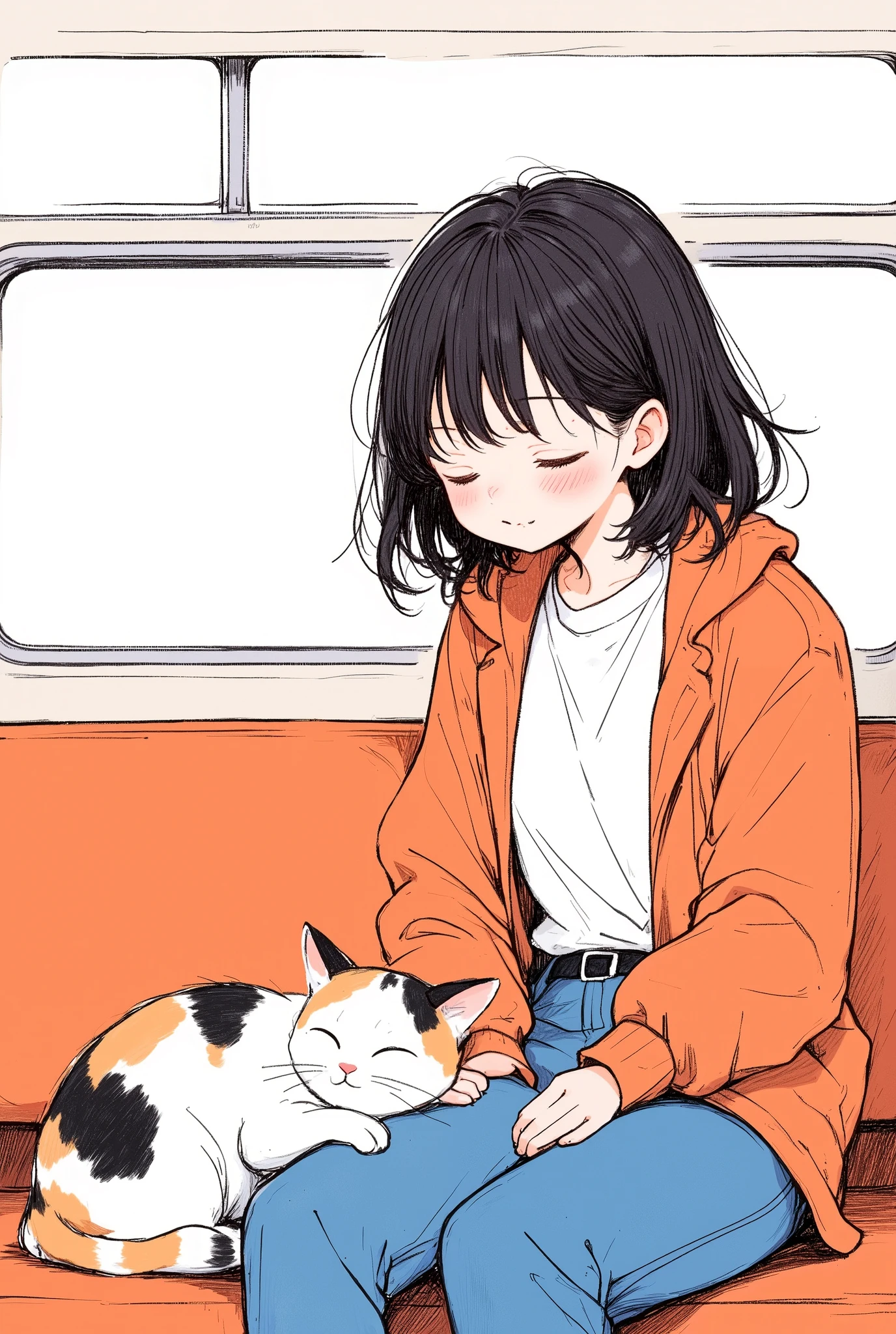 Masterpiece, illustration, vector art, little character , Japanese, 1 girl, shortcuts, black hair, detailed face,Orange jacket, white Y shirt,blue pants ,( tired face:1.6),(A woman and a calico cat are on a train:2.0)