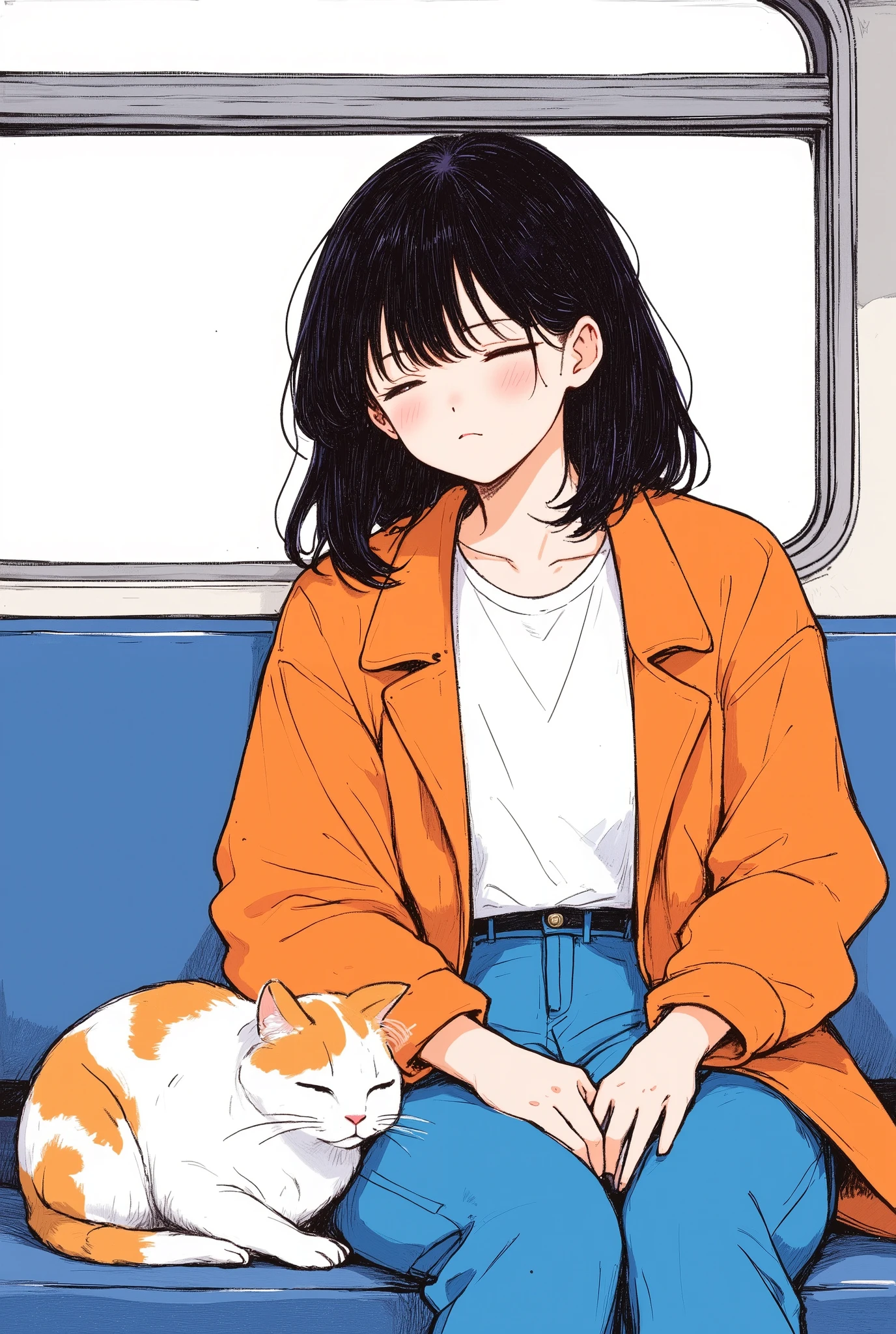 Masterpiece, illustration, vector art, little character , Japanese, 1 girl, shortcuts, black hair, detailed face,Orange jacket, white Y shirt,blue pants ,( tired face:1.6),(A woman and a calico cat are on a train:2.0)