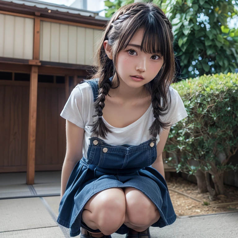 Madoka, moving her center of gravity back, Put your hands forward from both feet, Put both feet in the circle of hands, Quite embarrassing, , Thin legs, Tight Skirt, 90 degree knee, Place your heels on the ground, Hands in front of feet, Hold my feet, Kneel, Sidewalk, RAW Photos, 8K, Highest quality, Ultra-high resolution, Beautiful face details, Real human skin, Gentle expression, Front view, Angle from below, Long Hair, Realistic, Realistic, cute, Short skirt, Lurking deep in the city, cute女子高生, Japanese Uniform, Wearing Japanese clothes , Surreal school girl, whole body, Madoka, (((Exposed genitals))), no Panties,