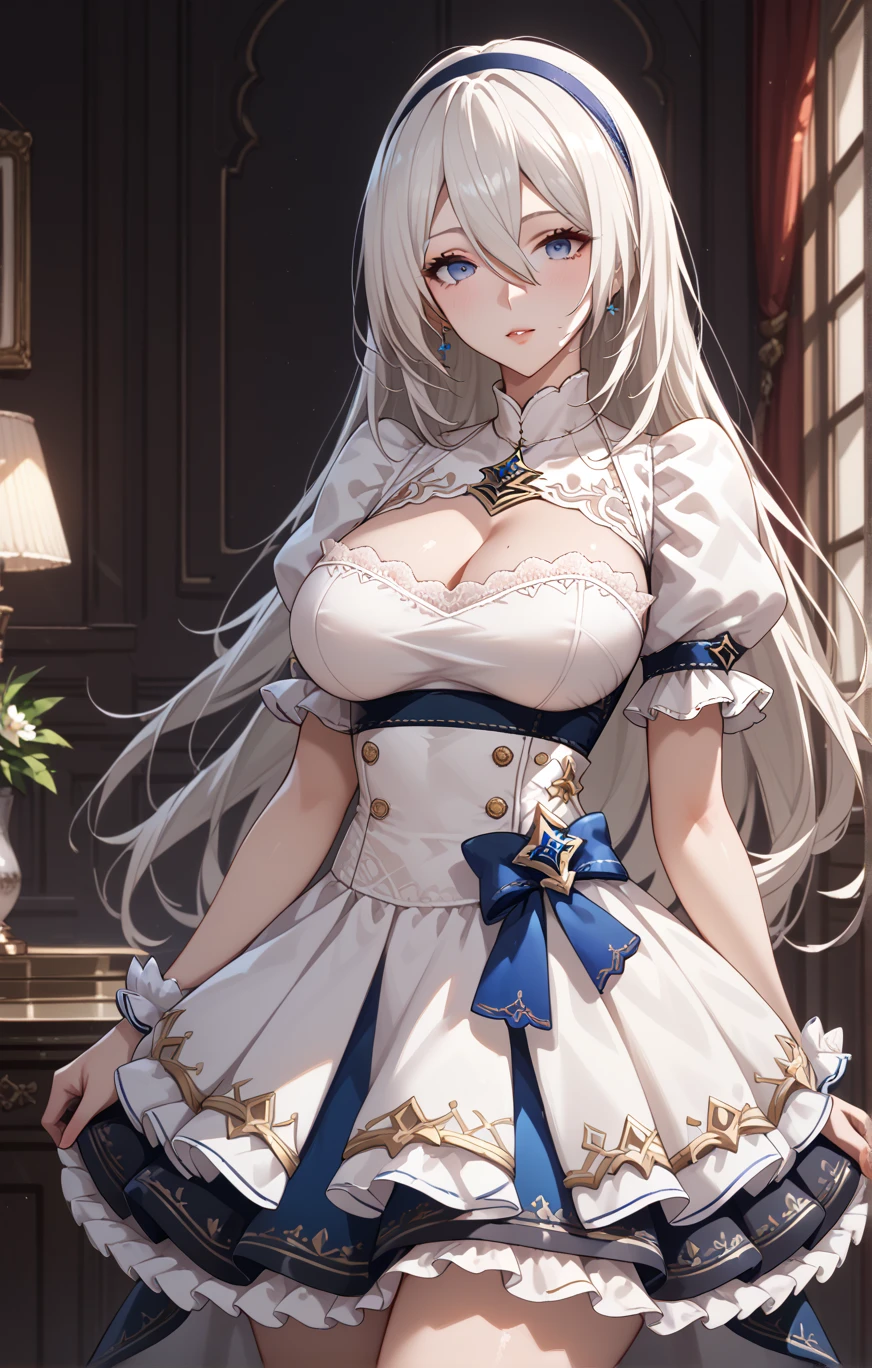 Score _9, Score _8_Climb, Score _7_Climb, Origin _Anime, Anime art, Anime style, very beautiful, masterpiece , Measurement , 1 girl , Cool character , Viewers , curvy shape , White hair, Long hair, hair between eyes , Emotionless, 2b, Yorha no. 2 type B , house, soft light , Climbper body , Idol outfit , miniskirt, Flared skirt , multi-layered skirts , Stand up straight