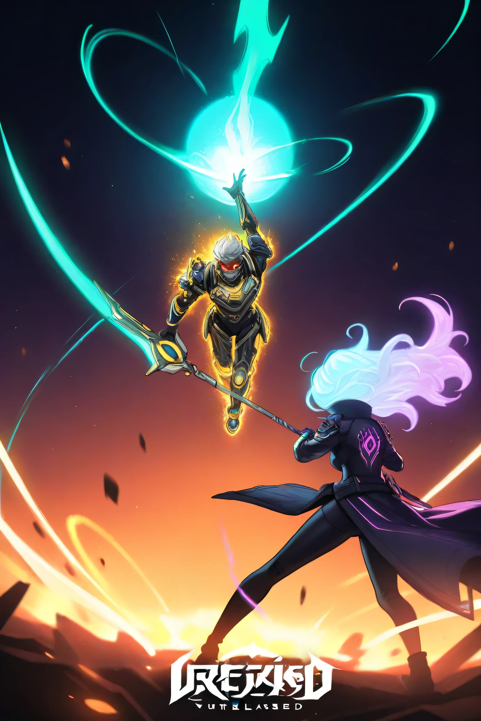 Main Character(s) Description:
Kai: A young warrior with spiky silver hair, glowing red eyes, and an intense expression. Dressed in a sleek, armored battle suit with intricate patterns, he wields an oversized energy katana emitting a fiery glow. His pose is dynamic, mid-leap, slashing through the air, with energy trails following his blade.
Reika: A fierce mage with long, flowing turquoise hair, dressed in a detailed, flowing coat embedded with arcane symbols. She holds a staff that crackles with blue lightning, her other hand summoning a swirling vortex of magical fire. Her stance is confident, radiating an aura of raw power.
Background Setting:
A futuristic city in chaos. Skyscrapers with holographic advertisements flicker against a dark, smoky sky. Flying vehicles zoom past, and the ground is littered with debris. In the background, a massive energy portal opens, glowing ominously with swirling hues of purple and green.
Color Palette:
Primary Colors: Vibrant neon blues, reds, and purples to emphasize energy and intensity.
Secondary Colors: Dark grays and blacks for contrast, with metallic silver and gold highlights for the characters' armor and weapons.
Special Effects: Subtle gradients and glowing highlights to add depth and drama.
Additional Elements:
Explosions in the distance, creating bursts of orange and yellow.
Energy effects radiating from the characters and their weapons, with crackling arcs and glowing particles.
Dramatic lighting with sharp contrasts—bright highlights on the characters and ominous shadows cast by the surroundings.
The title, Battleborn: Heroes Unleashed, placed prominently at the top in bold, futuristic font, with a glowing outline that matches the color palette