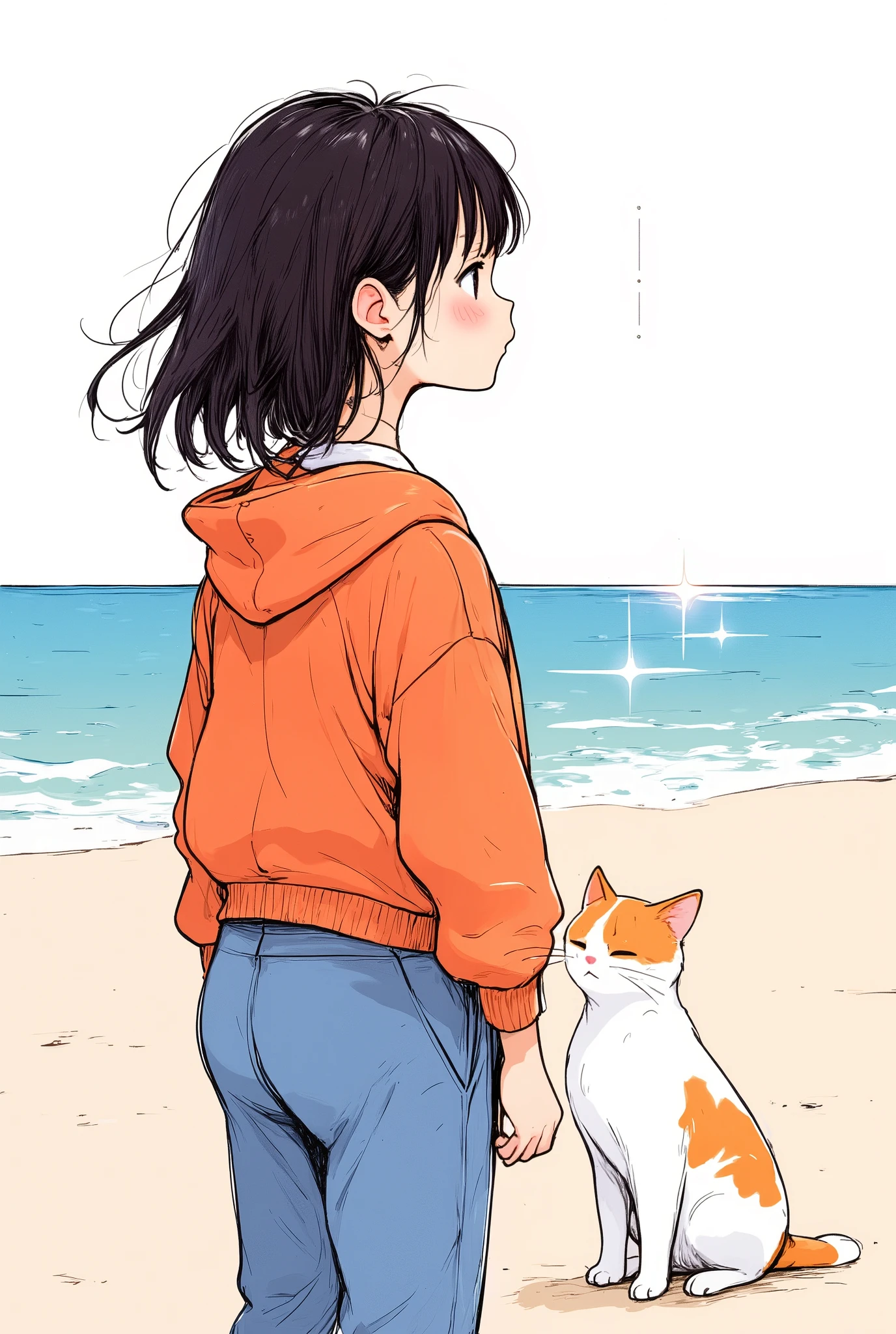 Masterpiece, illustration,  vector art,  little character , Japanese,  1 girl, shortcuts, black hair, detailed face,Orange jacket, white Y shirt,blue pants ,( tired face:1.6),(Back view of a woman and a calico cat :2.0),( The background is a sparkling sandy beach and ocean:2.0)