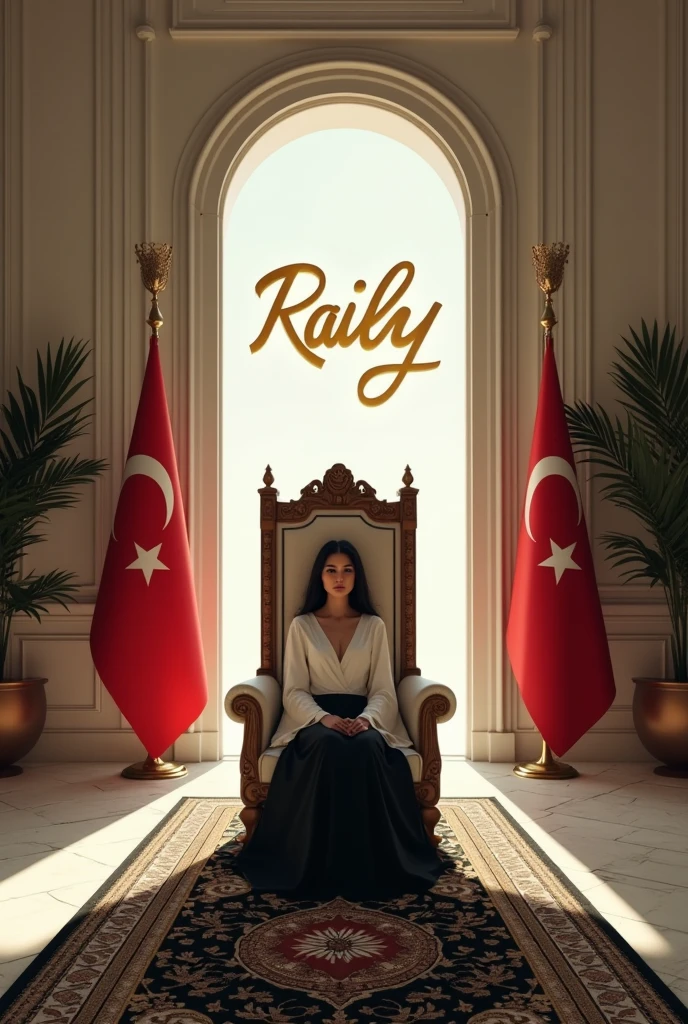 LET IT BE A PLACE WITH BLACK LIGHTS. THERE SHOULD BE EAGLES ON THE RIGHT AND LEFT, AND THERE SHOULD BE THE QUEEN'S SEAT IN THE CENTER. LET THERE BE A TURKISH FLAG IN THE PHOTO. A 23-YEAR-OLD WOMAN WITH BLACK HAIR IS SITTING IN THE ROYAL SEAT. THE LADY'S DRESS MUST BE BLACK. "TUGBA KALAN" SHOULD BE WRITTEN ON THE WALL WITH A 3D LOGO. THE COLOR SHOULD BE GOLDEN YELLOW. THERE MUST BE CARPET ON THE FLOOR AND IT SHOULD BE IN BLACK AND WHITE COLOR. IT SHOULD WRITE "BEŞİKTAŞ" ON IT.