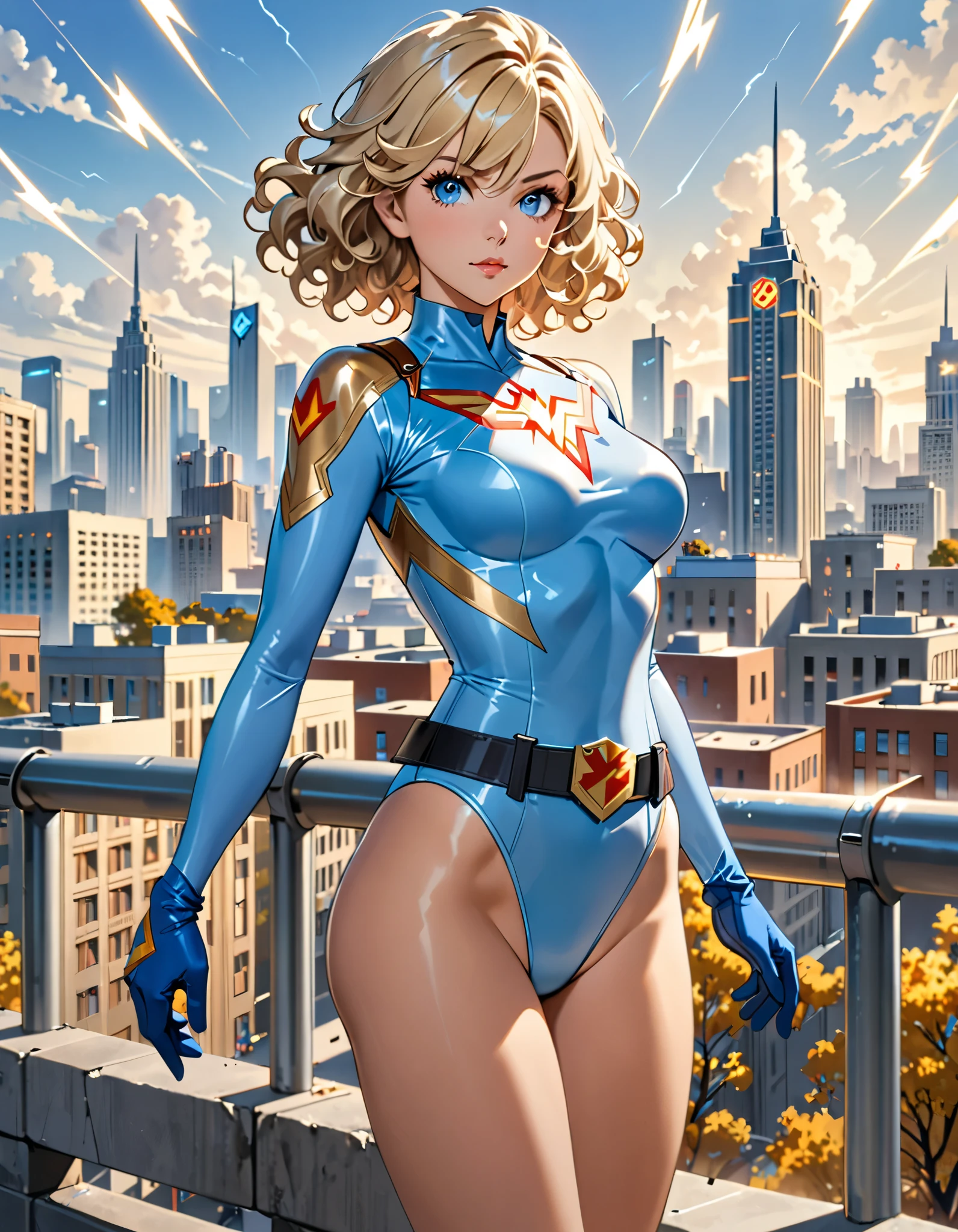 masterpiece, best quality, hires, 1girl, medium breasts, ((leotard, light blue leotard)), long sleeves, (lighting bolt emblem on chest), (bare legs), (fastened tight belt), boots, matching boots, gloves, city backdrop, solo, single, standing, rear view, full body shot, cowboy shot, superhero, beautiful detailed eyes, beautiful detailed face, blonde hair, (short hair), wavy hair, high school backdrop, outdoors, mature lady, teacher, perfect body