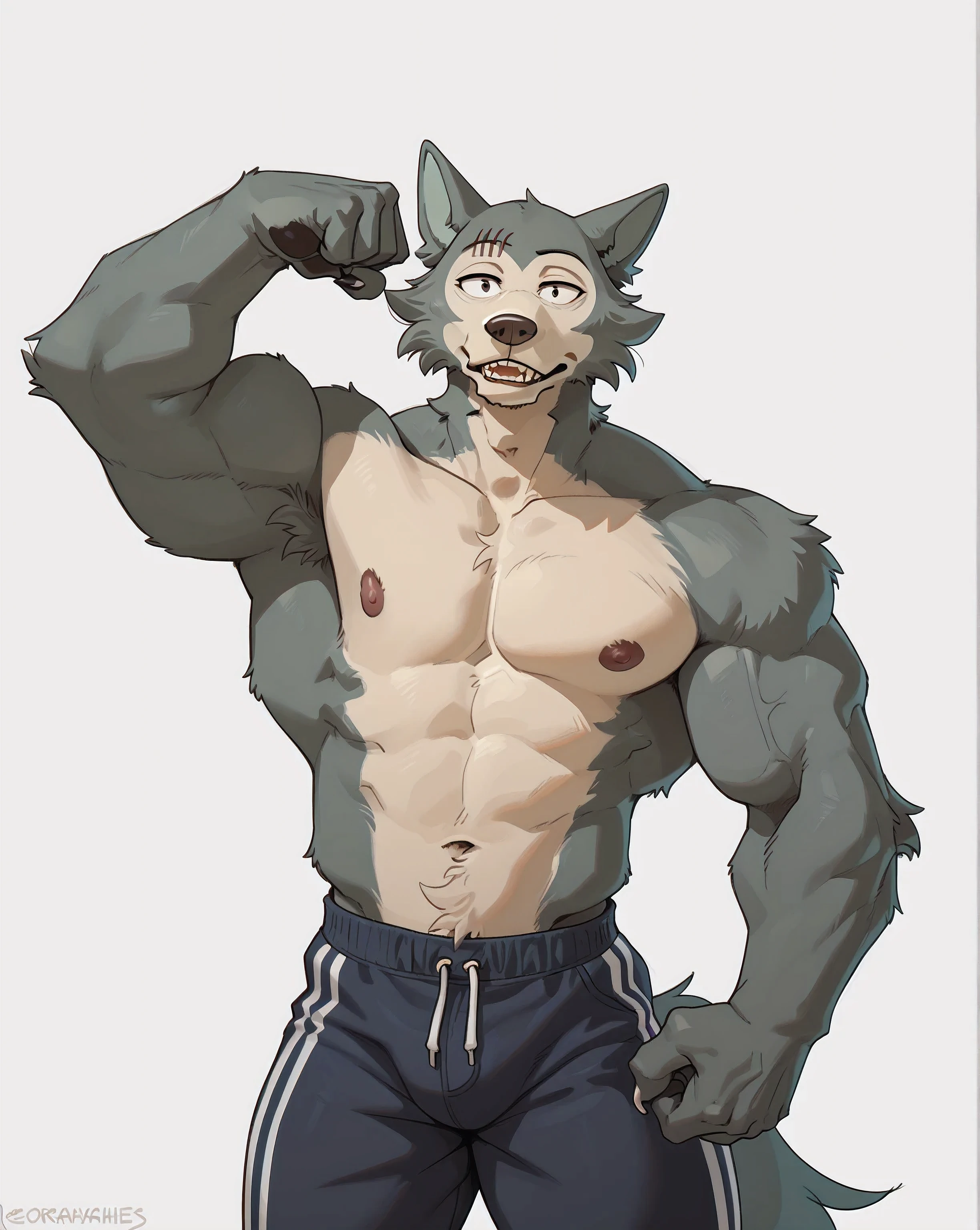 l3gosh1, beastars, male, solo, wolf, muscular, athletic, masculine, looking at viewer, half body, flexing biceps, flexing, (small eyes), flat color, soraawolf style, simple background, college pants