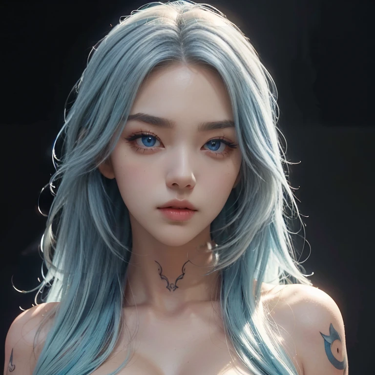 8K, Top Quality, Intricate Details, Ultra Detail, Ultra High Resolution, Masterpiece, close up shot, face shot, passport shot, , wind blow hair,(( from below shot ,shot from below, below shot,)). (full body: 1.1), Slender, Smile, (Makeup: 0.4), ((,)), (Fluffy blue Eyes: 1.21), (()), 1girl, solo, 1 girl, ((bangs, , , blue hair, bangs, messy hair , )), close up shot, , ((tall)), (((fit body))), (((slim face))), sharp face, (( smirk ,,)) , (detailed face), sharp face, small lips, perfect hands, (( )), , (( ))
((, naked, nude )), , ((naked, nude,)), detailed face, detailed breast,, huge breast , ((detailed nipples)), , detail ass, Narrow Waist, Skinny, tall , 175 cm tall, Muscular, Navel, Exposed Abdomen, Pointed Chest,, Beautiful girl with accentuated slender abs: 1.4, Six Pack Abs: 1.4, Bust Botox, Big, Perfect Body, detail leg, (( dark background)), black background,