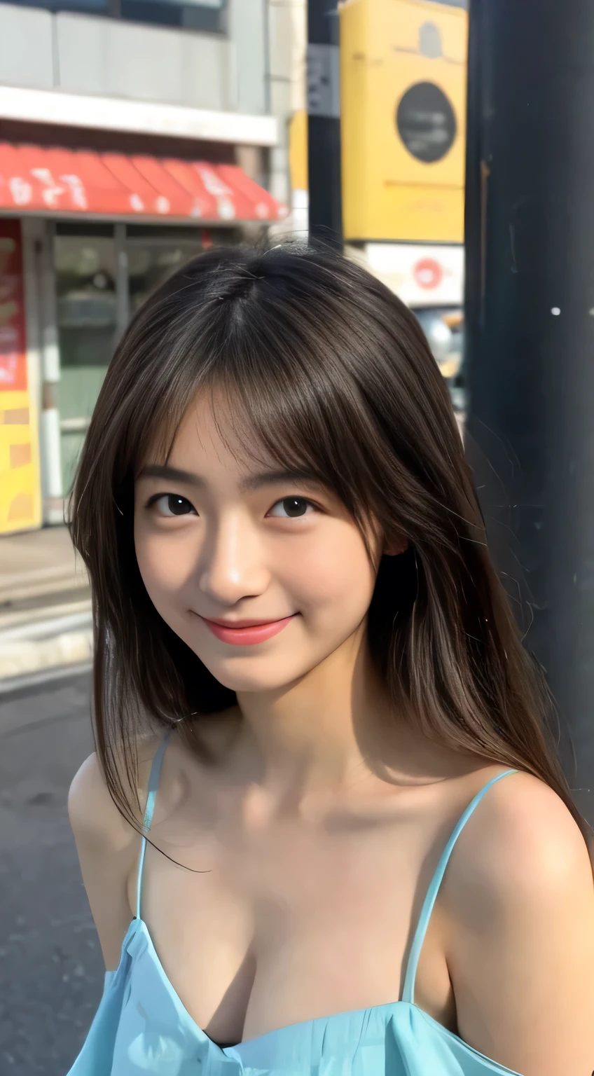 Top image quality、​masterpiece、Beautuful Women、japanes、25-years old、In front of the station、（masuter piece：1.3）、（8k、Photorealsitic、RAW Photography、top-quality：1.4）、（1girl）、美丽的面容、（lifelike face）、（A dark-haired、realisticeyes、Beautiful details、（real looking skin）、sleeveless、absurderes、enticing、ultra res、A hyper-realistic、high detal、the golden ratio、a smile、dual、Long、Loose perm、Beautiful Japan woman
