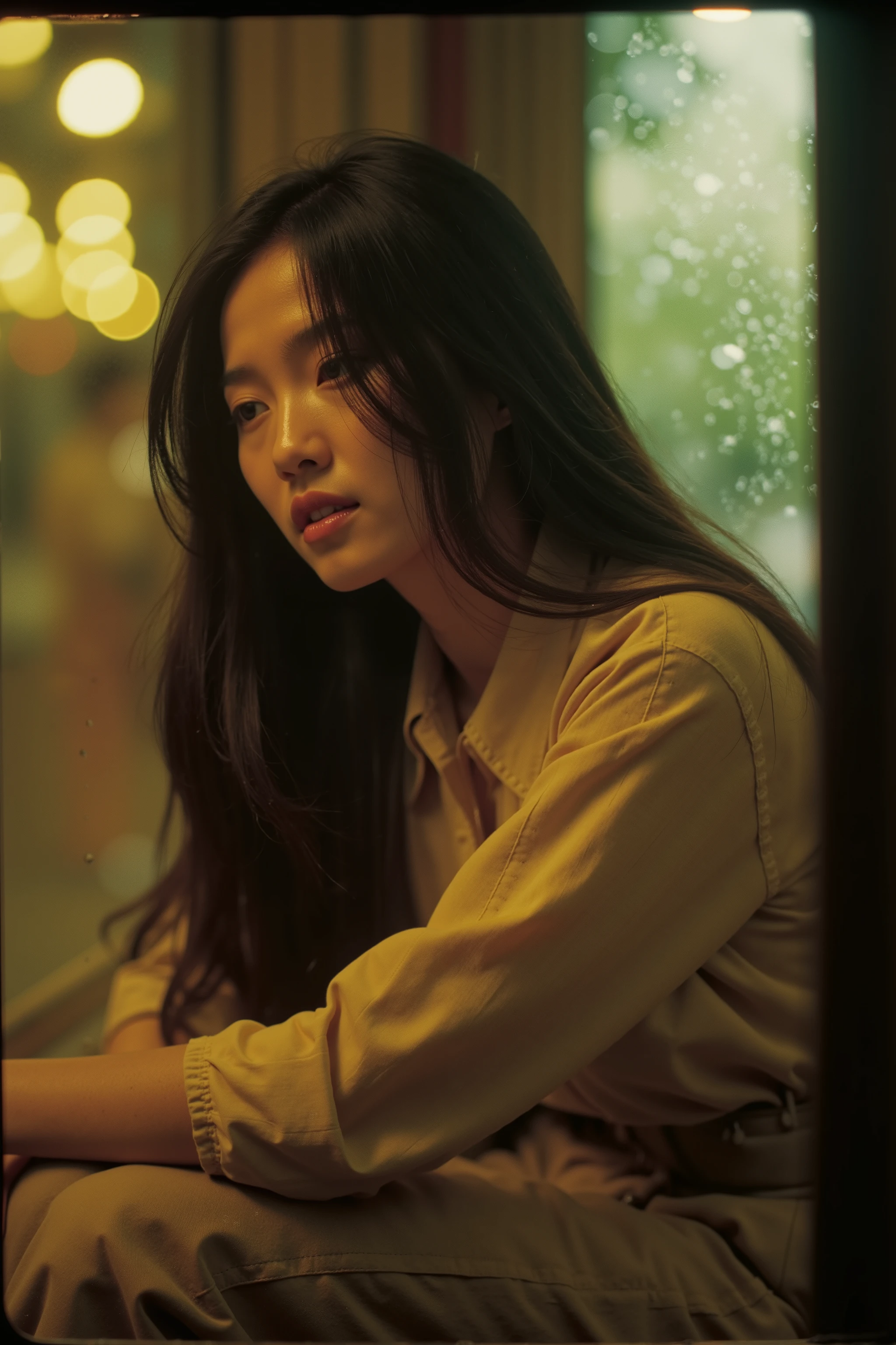 Professional photography, Wong Kar Wai movie lighting style, a charming sorrow Oriental beauty wearing vintage blouse and vintage khaki pants, she has messy long straight hair, she looking down, sitting lean back in corner of restaurant, window with raindrop, set in 80s Hongkong , bokeh