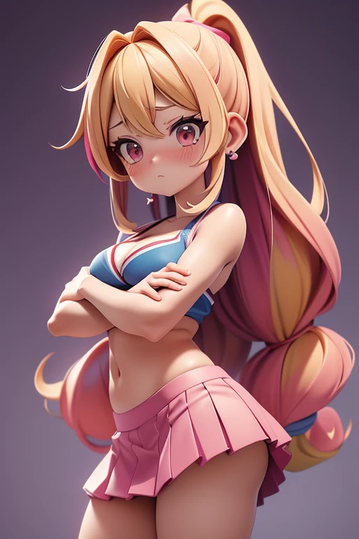 blurry_background, breasts, crossed_arms, depth_of_field, green_eyes, hairband, lips, medium_breasts, multiple_girls, orange_hair, red_hair, purple skirt, torn_clothes, knickers, stockings, post-processing, max detail, massive scale, pink hair, gold eye, asian face, anime, detailed, digital, digital art, digital painting, pornhub, tiktok, soft lighting