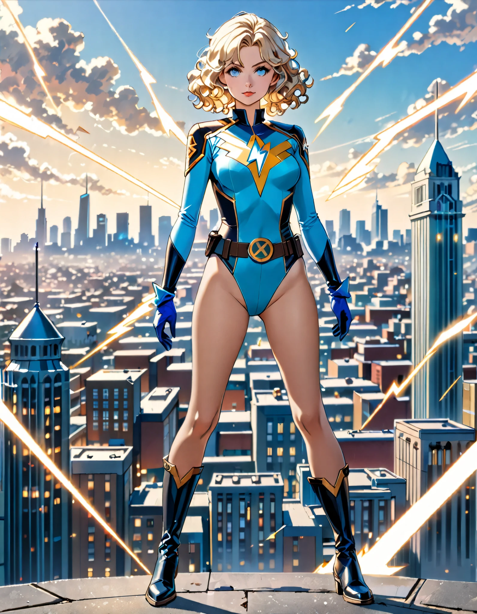 1girl, medium breasts, ((leotard, highleg leotard, light blue leotard)), (lighting bolt emblem on chest), bare legs, ((belt, tight belt)), boots, matching boots, gloves, city backdrop, solo, single, standing, full body shot, cowboy shot, superhero, beautiful detailed eyes, power, ((blonde hair, short hair, wavy hair)), high school backdrop, outdoors, mature lady, teacher, spins fast in place like a tornado, wind swirls, rapid gyration, girl tornado spinning, girl turning to a whirlwind, outstretched arms, perfect body, good proportions, ((only five fingers)), (curved sword slash)