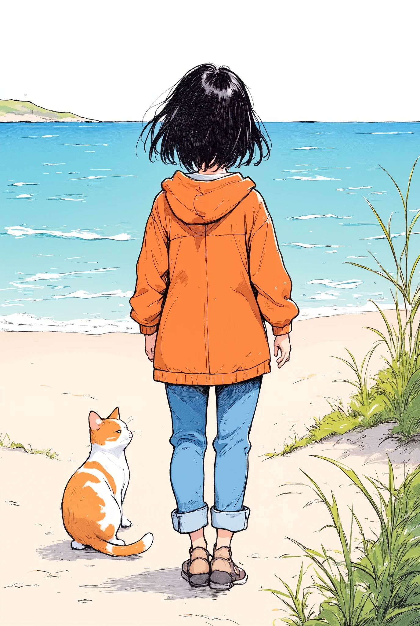 Masterpiece, illustration, vector art, little character , Japanese, 1 girl, shortcuts, black hair, detailed face,Orange jacket, white Y shirt,blue pants ,(Back view of a woman and a calico cat :2.0),(The background is a sparkling sandy beach and ocean:2.0)