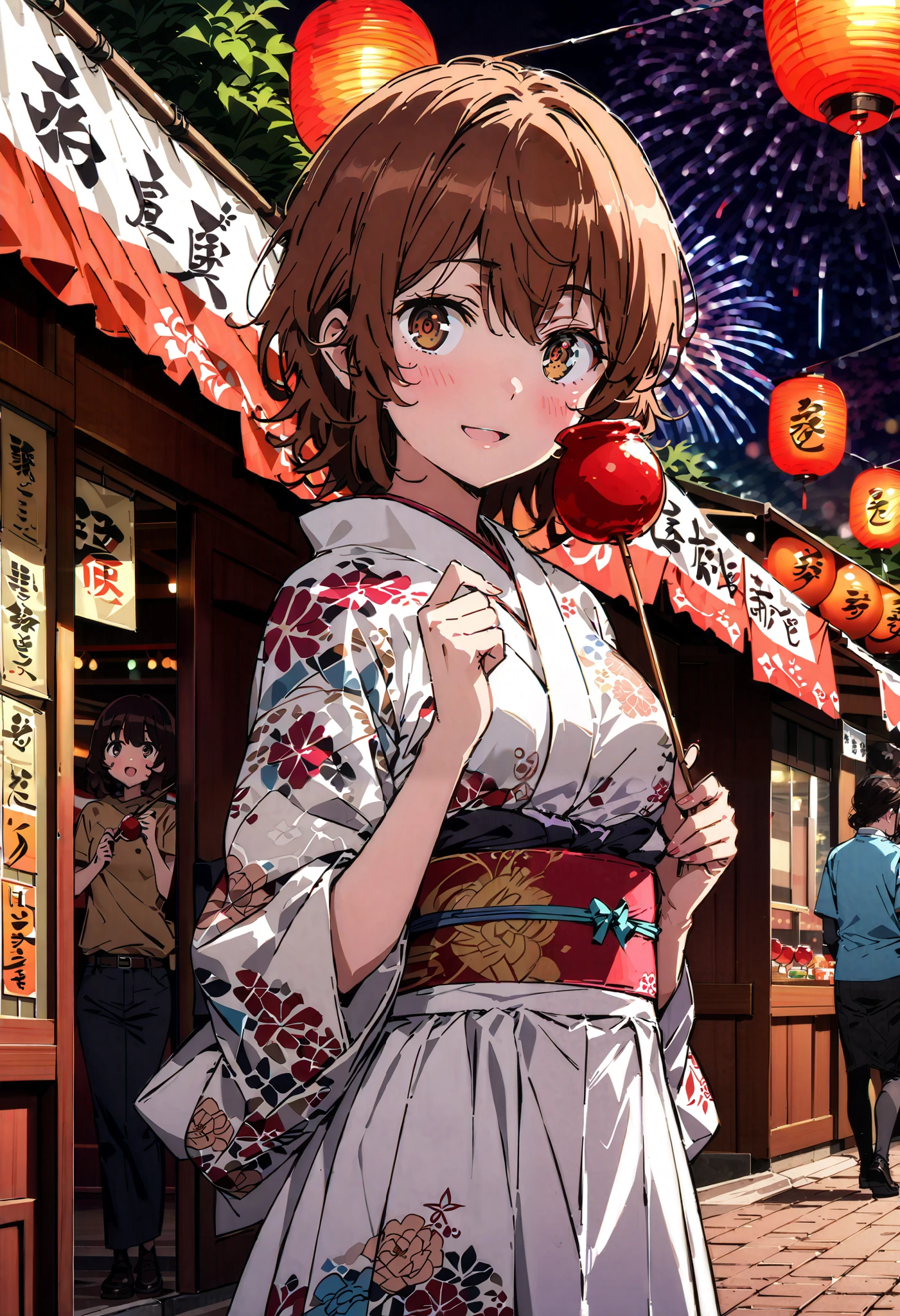 Liliru Card, Lilyrka is burning , brown eyes, tea hair, short hair while on a business trip, smile,blush, mouths, small boobs,日本のfestival,夏festivalの屋台, red lanterns,Fireworks in the night sky, fireworks,The location is the fireworks festival.,The time is night, holding a stick with a candy apple on it with one hand,The white flower pattern kimono , white long skirt,whole bodyがイラストに入るように,
break looking at viewer,whole body,
break indoors,festival,
break (masterpiece:1.2), best quality , kampala,unity 8k wallpaper,(shape:0.8),( fine, beautiful eyes :1.6),It's a person ,whole body写真,CG Details , (perfect hand, complete anatomy),