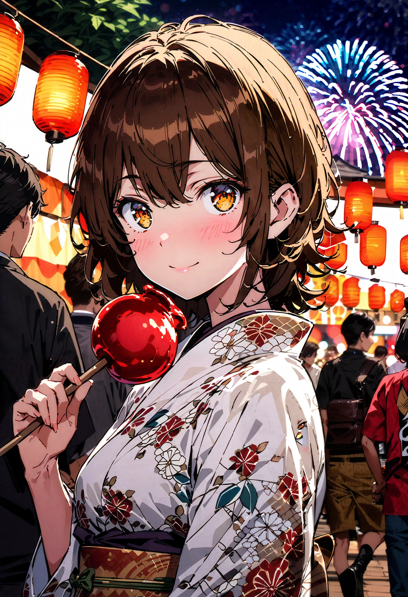 Liliru Card, Lilyrka is burning  , brown eyes,  tea hair,  short hair while on a business trip, smile,blush, mouths, small boobs,日本のfestival，夏festivalの屋台, red lanterns,Fireworks in the night sky, fireworks,The location is the fireworks festival.,The time is night, holding a stick with a candy apple on it with one hand,The white flower pattern kimono , white long skirt,whole bodyがイラストに入るように,
break looking at viewer,whole body,
break indoors,festival,
break (masterpiece:1.2), best quality  , kampala,unity 8k wallpaper,(shape:0.8),(  fine, beautiful eyes  :1.6),It's a person ,whole body写真,CG Details , (perfect hand, complete anatomy),