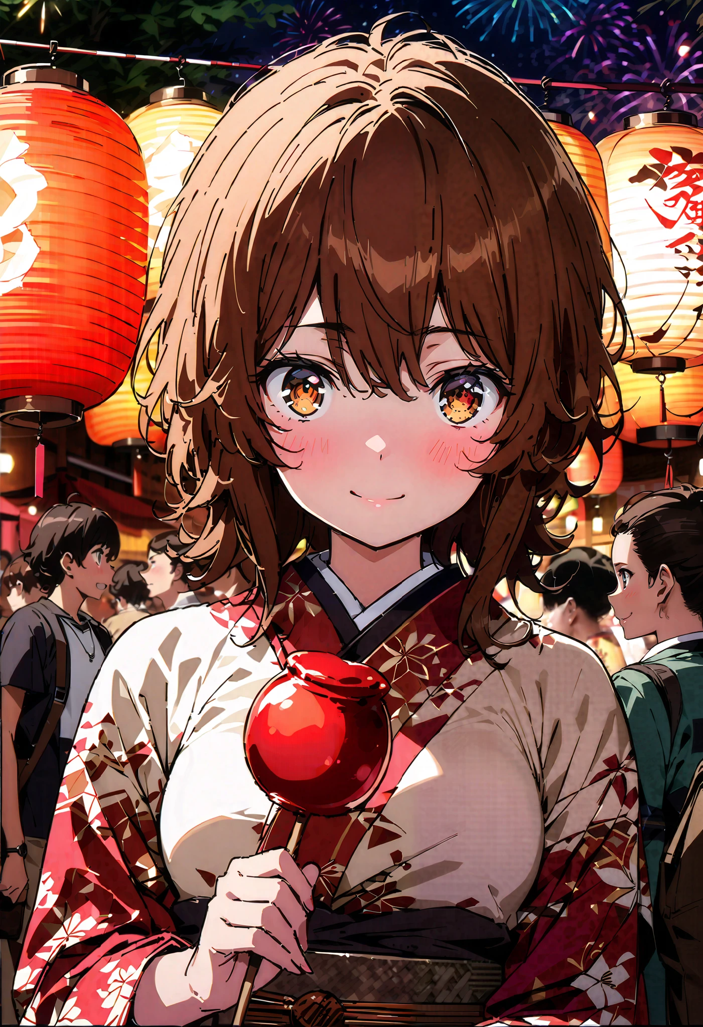 Liliru Card, Lilyrka is burning  , brown eyes,  tea hair,  short hair while on a business trip, smile,blush, mouths, small boobs,日本のfestival，夏festivalの屋台, red lanterns,Fireworks in the night sky, fireworks,The location is the fireworks festival.,The time is night, holding a stick with a candy apple on it with one hand,The white flower pattern kimono , white long skirt,whole bodyがイラストに入るように,
break looking at viewer,whole body,
break indoors,festival,
break (masterpiece:1.2), best quality  , kampala,unity 8k wallpaper,(shape:0.8),(  fine, beautiful eyes  :1.6),It's a person ,whole body写真,CG Details , (perfect hand, complete anatomy),