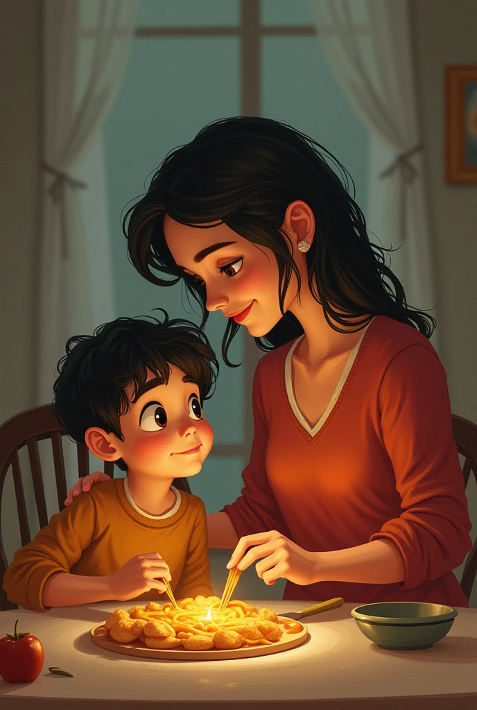 The mother kneels beside Ali, holding a puzzle piece in her hand. She looks at him with a calm and encouraging expression. Ali looks up at her, listening attentively, his frustration beginning to fade. Animated cartoon characters
