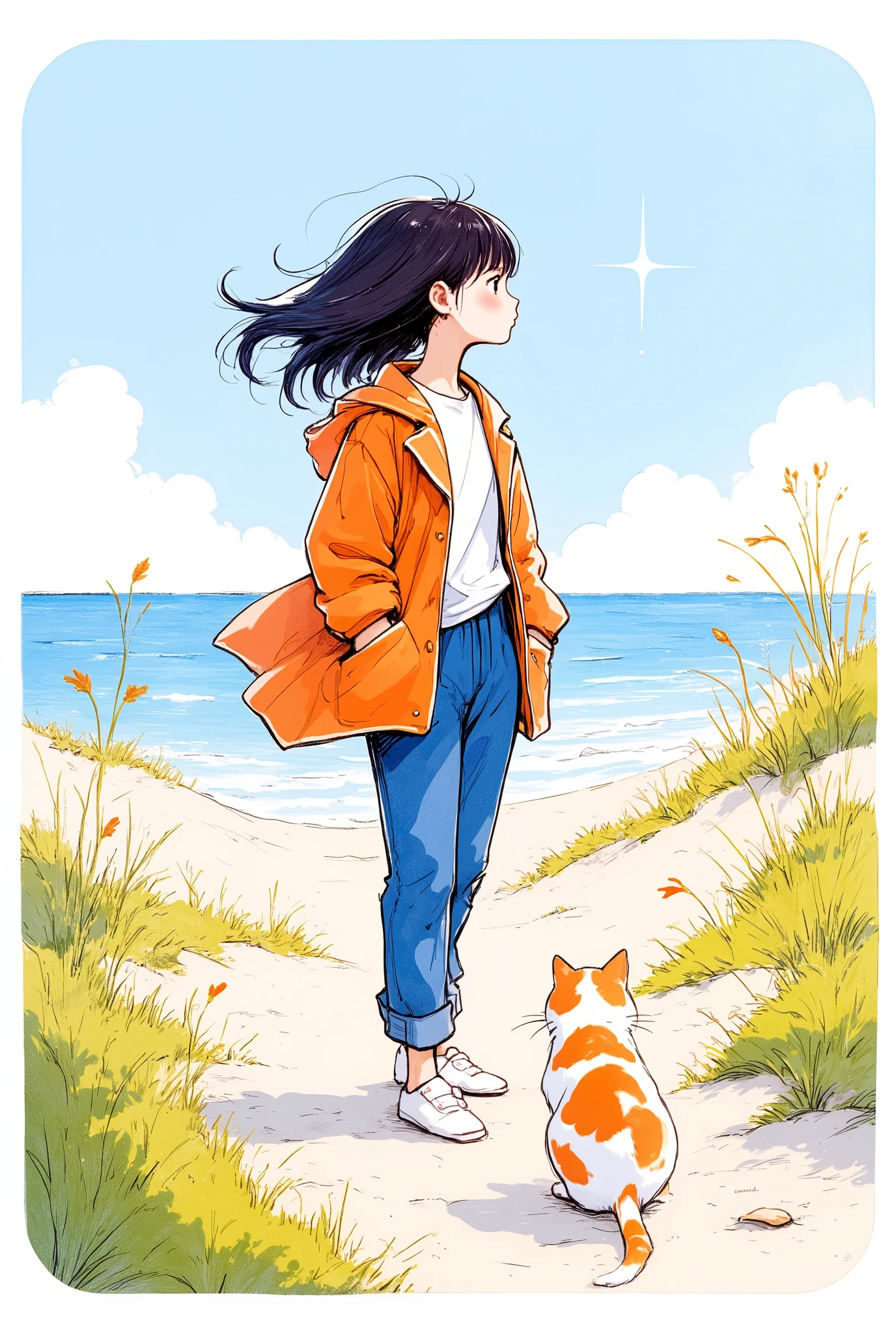 Masterpiece, illustration, vector art, little character , Japanese, 1 girl, shortcuts, black hair, detailed face,Orange jacket, white Y shirt,blue pants ,(Back view of a woman and a calico cat :2.0),(The background is a sparkling sandy beach and ocean:2.0)
