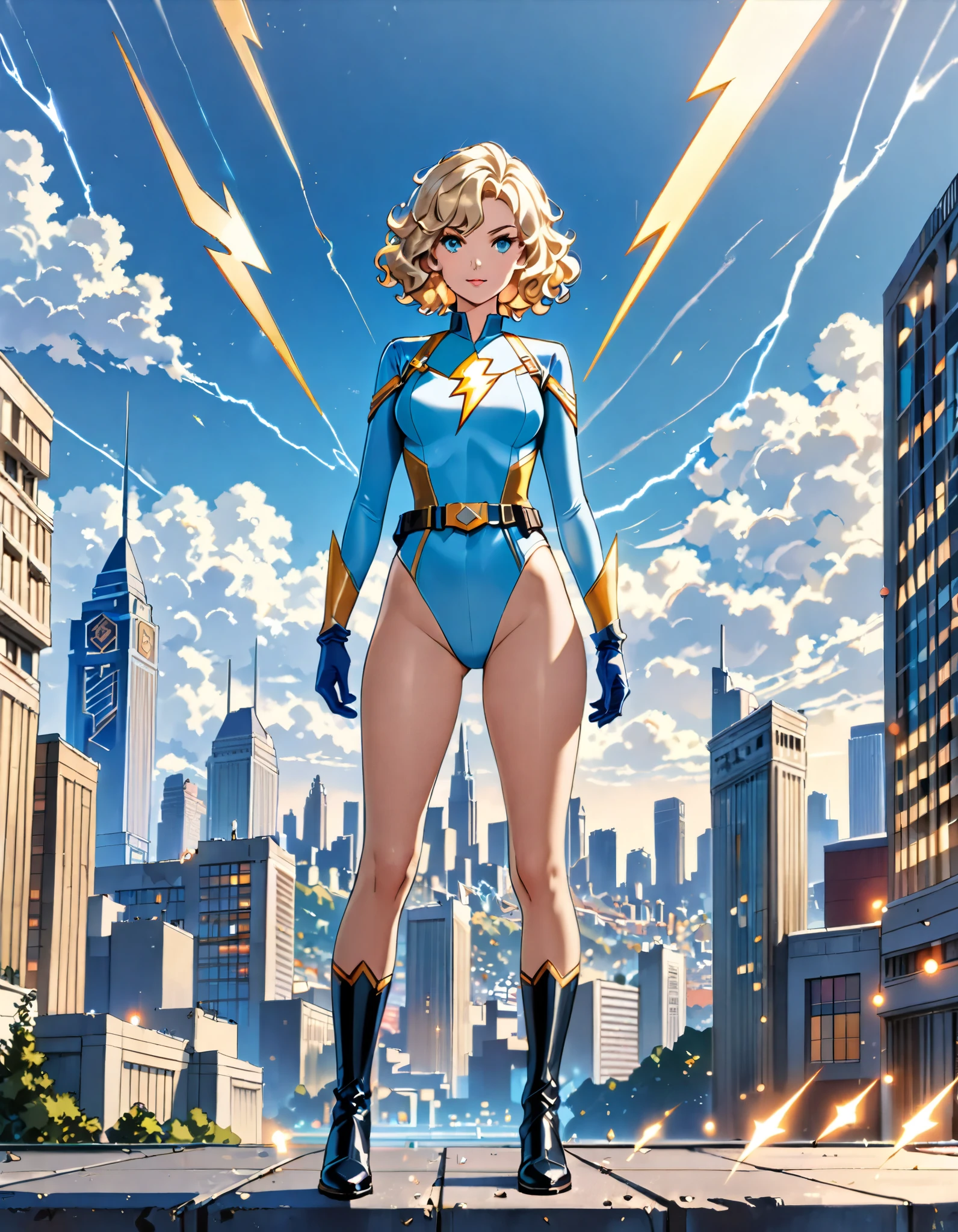 masterpiece, best quality, hires, 1girl, medium breasts, ((leotard, light blue leotard)), long sleeves, (lighting bolt /(emblem on chest/), (bare legs), ((fastened tight belt)), black boots, matching boots, black gloves, city backdrop, solo, single, standing, full body shot, cowboy shot, superhero, beautiful detailed eyes, beautiful detailed face, blonde hair, (short hair), wavy hair, high school backdrop, outdoors, mature lady, teacher, perfect body, good proportions
