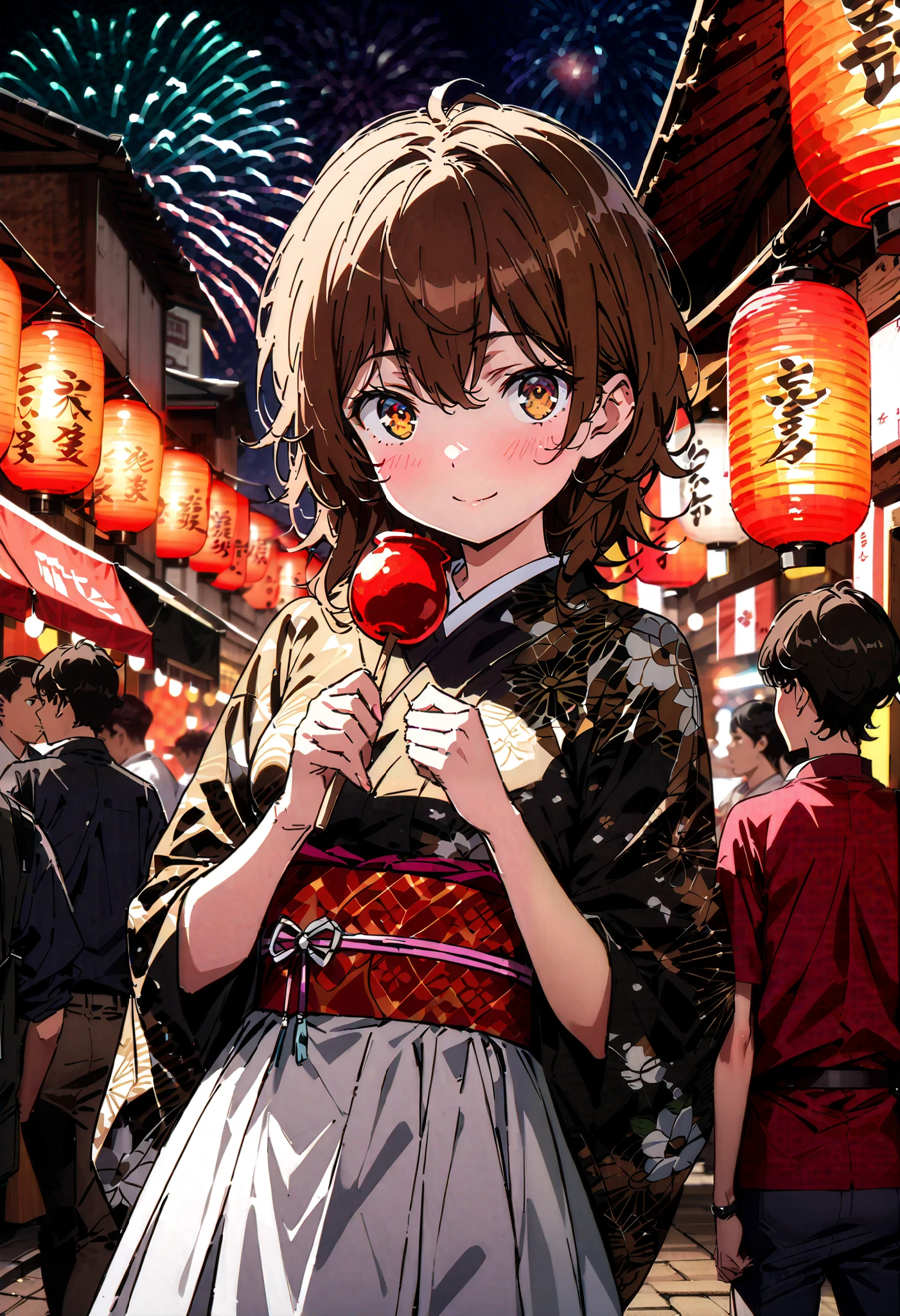 Liliru Card, Lilyrka is burning , brown eyes, tea hair, short hair while on a business trip, smile,blush, mouths, small boobs,日本のfestival,夏festivalの屋台, red lanterns,Fireworks in the night sky, fireworks,The location is the fireworks festival.,The time is night, holding a stick with a candy apple on it with one hand,The white flower pattern kimono , white long skirt,whole bodyがイラストに入るように,
break looking at viewer,whole body,
break indoors,festival,
break (masterpiece:1.2), best quality , kampala,unity 8k wallpaper,(shape:0.8),( fine, beautiful eyes :1.6),It's a person ,whole body写真,CG Details , (perfect hand, complete anatomy),