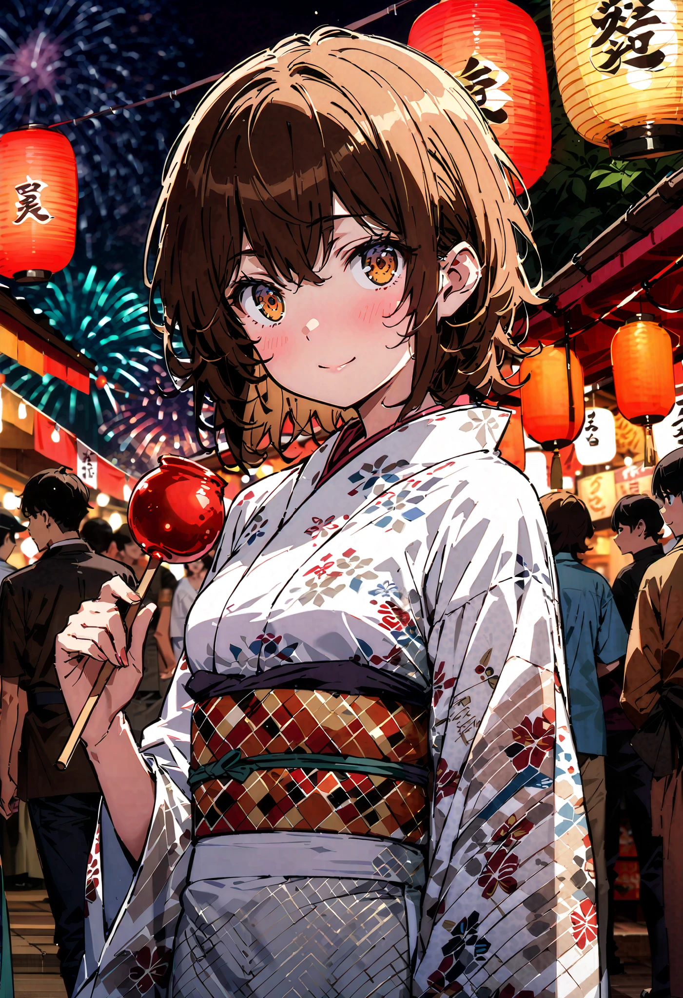 Liliru Card, Lilyrka is burning , brown eyes, tea hair, short hair while on a business trip, smile,blush, mouths, small boobs,日本のfestival,夏festivalの屋台, red lanterns,Fireworks in the night sky, fireworks,The location is the fireworks festival.,The time is night, holding a stick with a candy apple on it with one hand,The white flower pattern kimono , white long skirt,whole bodyがイラストに入るように,
break looking at viewer,whole body,
break indoors,festival,
break (masterpiece:1.2), best quality , kampala,unity 8k wallpaper,(shape:0.8),( fine, beautiful eyes :1.6),It's a person ,whole body写真,CG Details , (perfect hand, complete anatomy),