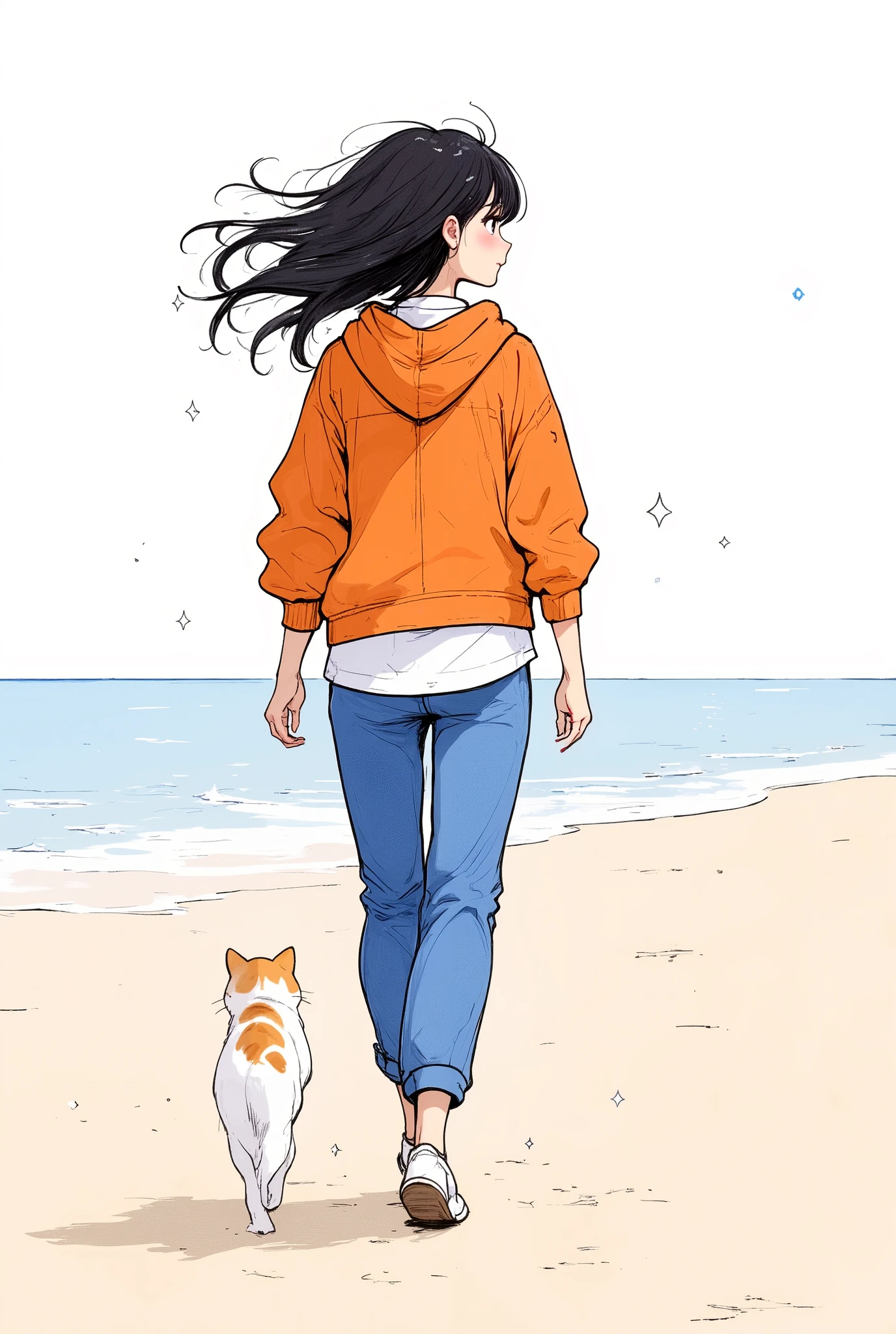 Masterpiece, illustration,  vector art,  little character , Japanese,  1 girl, shortcuts, black hair, detailed face,Orange jacket, white Y shirt,blue pants ,(Back view of a woman walking on a sandy beach and a calico cat:2.0),(Sparkling sandy beaches and the sea spread out in front of you:2.0)