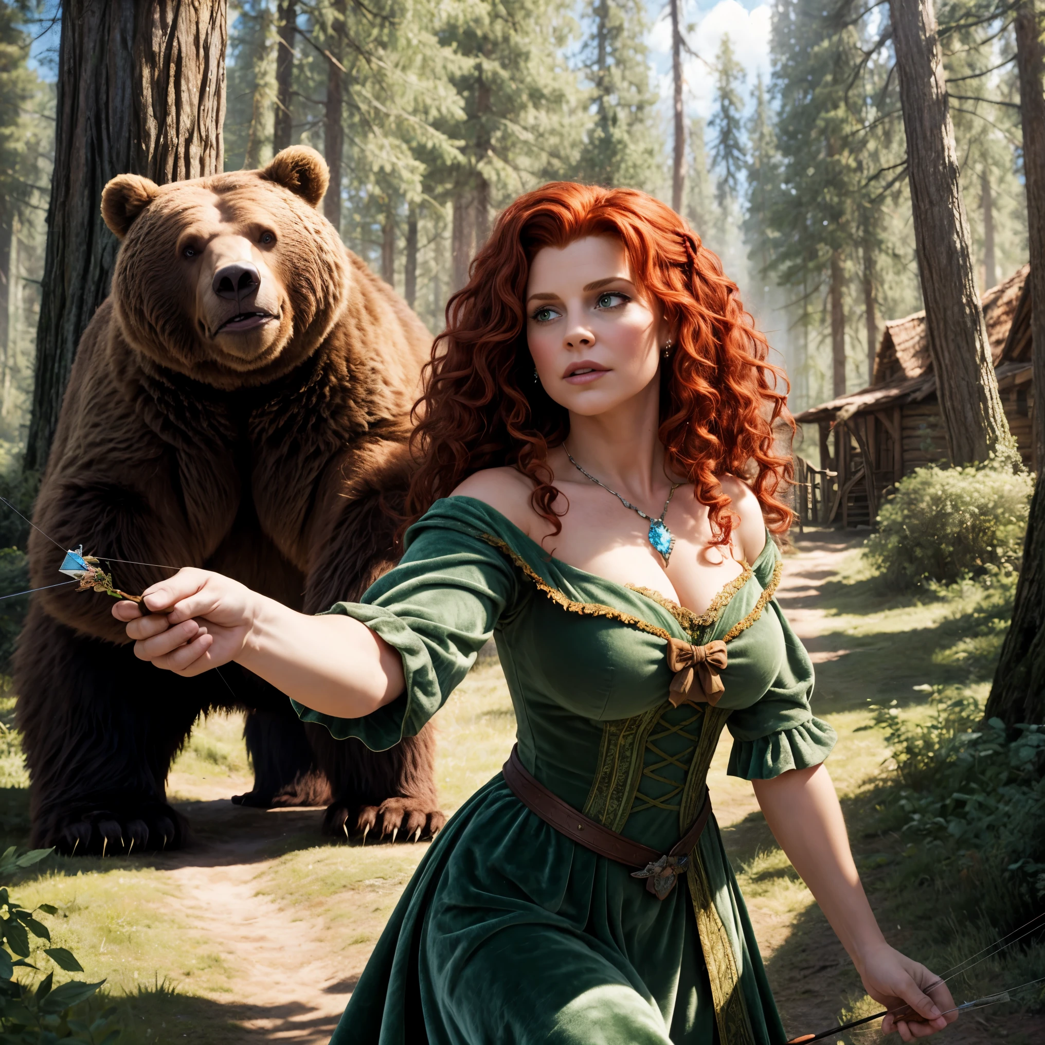 Woman character Brave from the Disney movie Brave. curly red hair. Big Boobs. Green velvet dress . bow and arrow. Next to a big brown bear . Scenery is a village in an enchanted forest .
