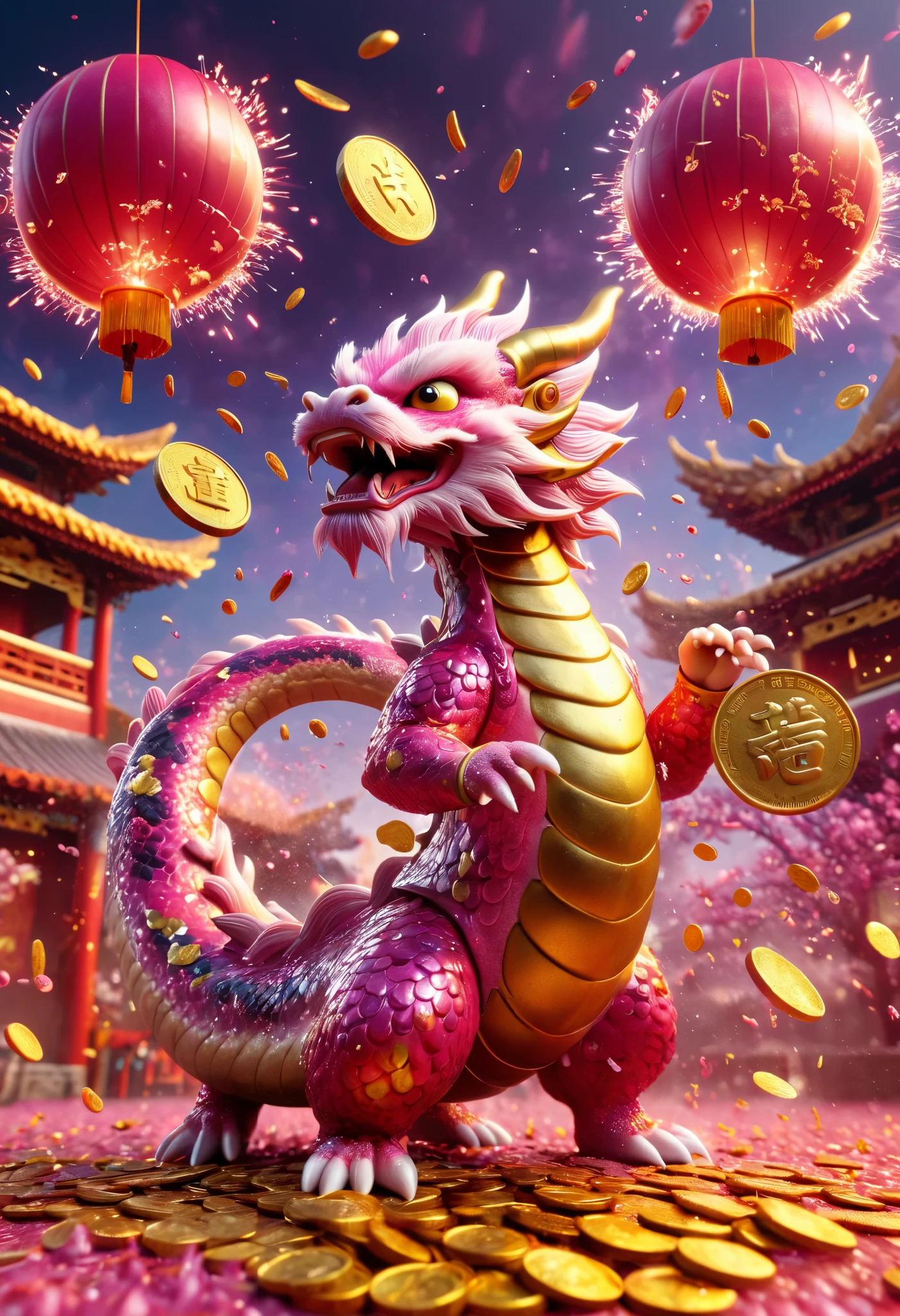  Chinese New Year has arrived, ， Oriental dragon ball, pink-purple body,  Many gold coins exploding out of fireworks， Red and gold scraps floating in the sky ，Rain of gold coins，The festive atmosphere is very lively. 