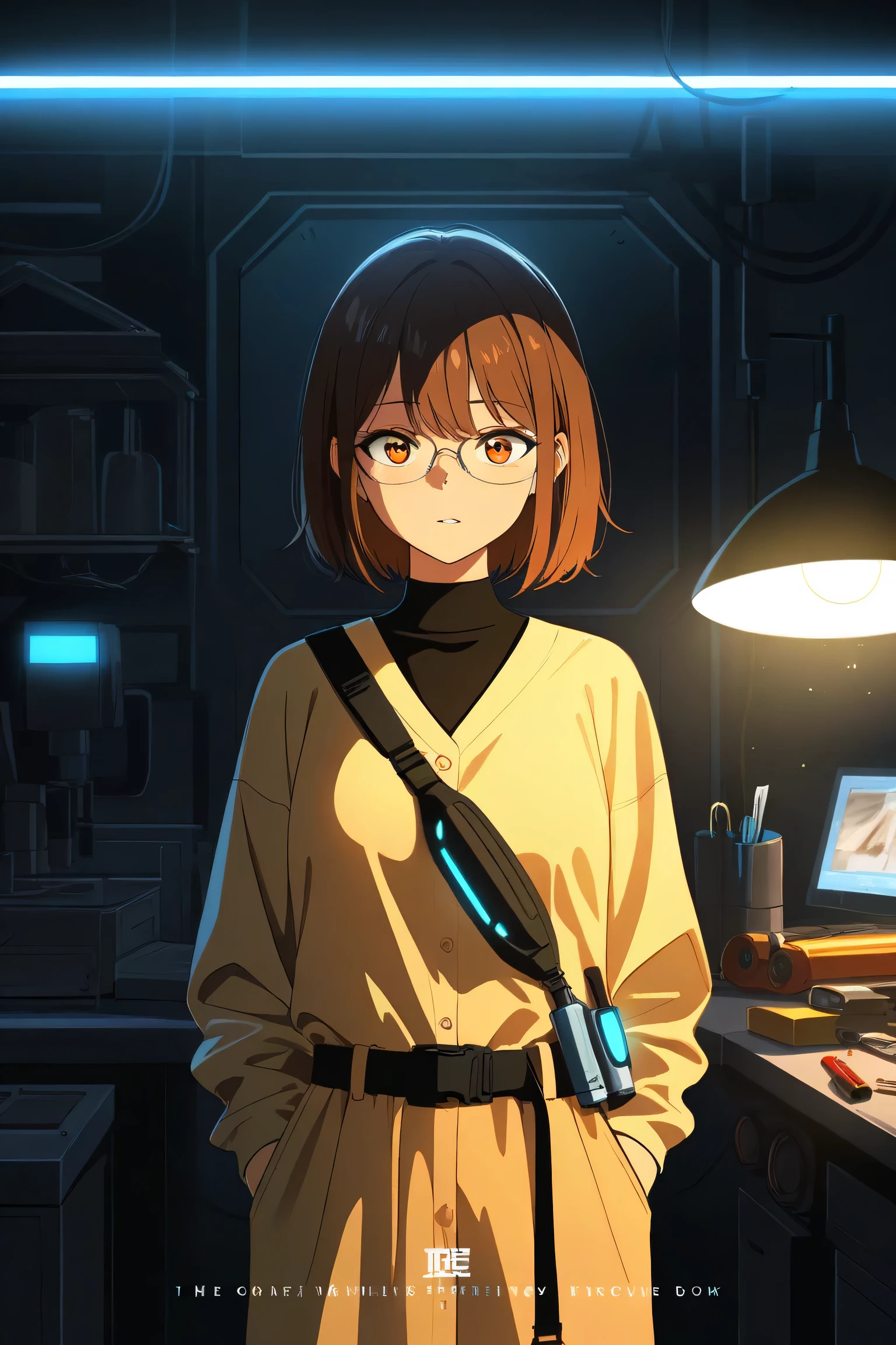 Anime-inspired coloring book cover featuring Hiroshi, a meticulous and introverted inventor. Hiroshi has short brown hair and glasses, dressed in casual techwear with multiple gadgets strapped to his belt. He is depicted seated in his cluttered workshop, surrounded by scattered tools, glowing electronic components, and faint blueprints in the background. Hiroshi holds a glowing gadget mid-assembly, his expression intense and focused. The scene is lit by a dim overhead lamp, casting dynamic shadows, while subtle sparks and ambient light add a sense of action and energy. Bold outlines emphasize the character and environment, making it ideal for coloring. The title, 'Anime coloring book,' is prominently displayed in bold, futuristic anime-style typography at the top. The overall tone balances vibrancy and detail with clean simplicity, encouraging creativity in coloring