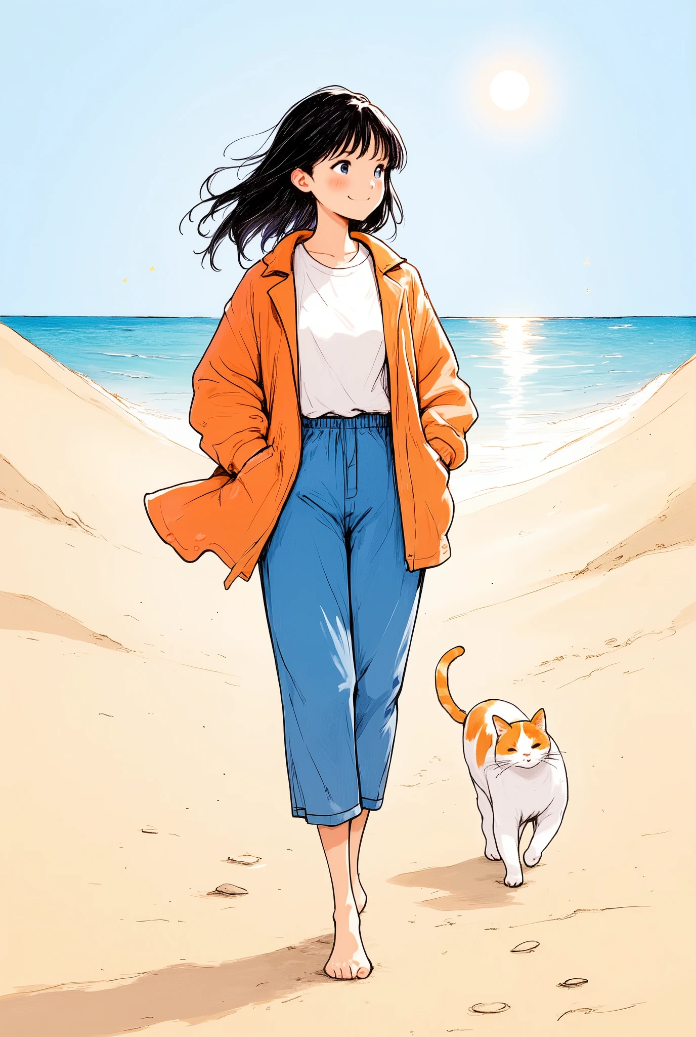 Masterpiece, illustration,  vector art,  little character , Japanese,  1 girl, shortcuts, black hair, detailed face,Orange jacket, white Y shirt,blue pants ,(smile:1.3),(A woman and a calico cat walking on a sandy beach:2.0),(The background is a sparkling sandy beach and ocean:2.0)