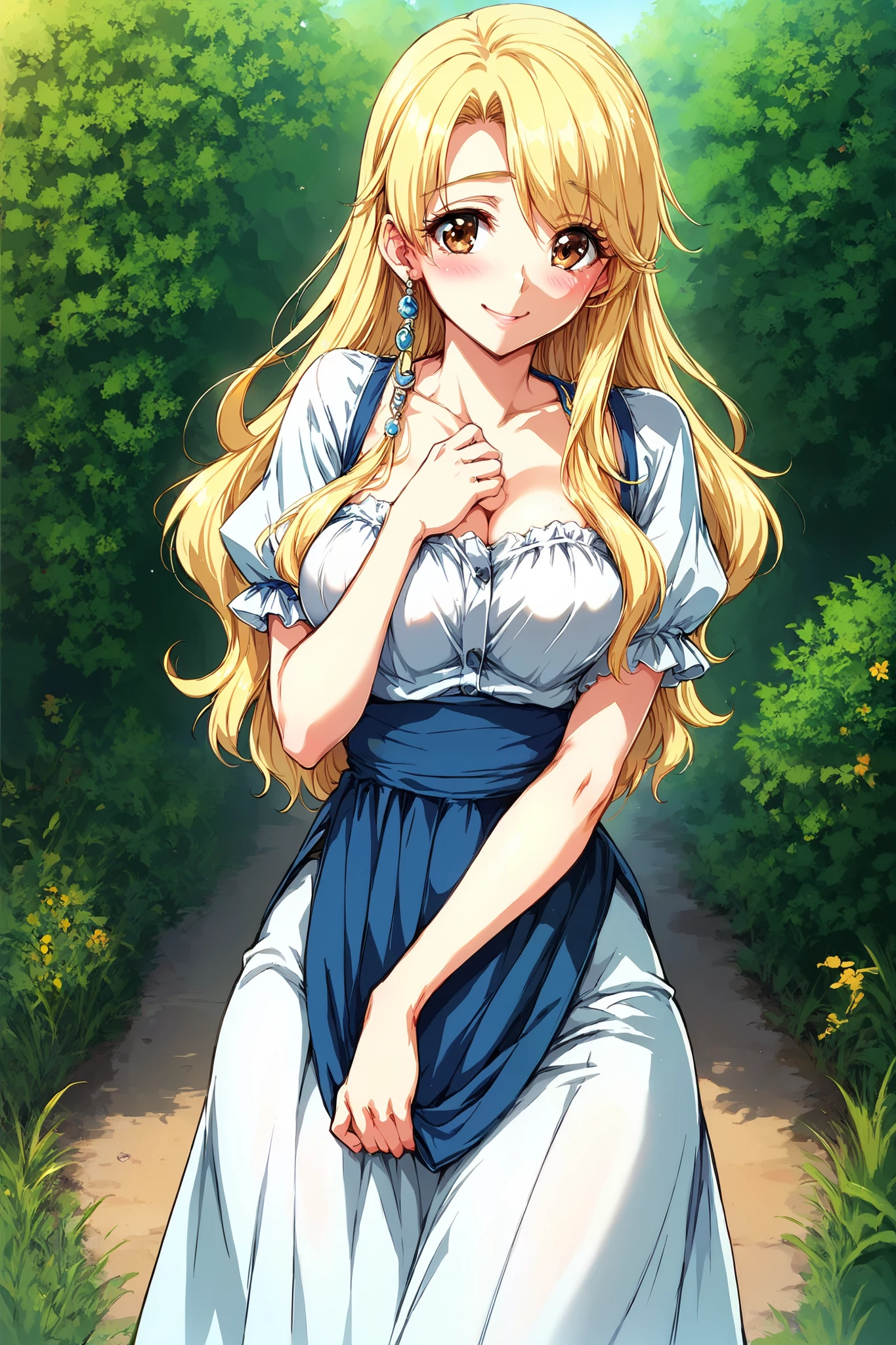 score_9, score_8_up, score_7_up, 1girl, long hair, blonde hair, brown eyes, curtained, curvy body, blush, smile, shy, cowboy suite, outdoor, solo, good anatomy
