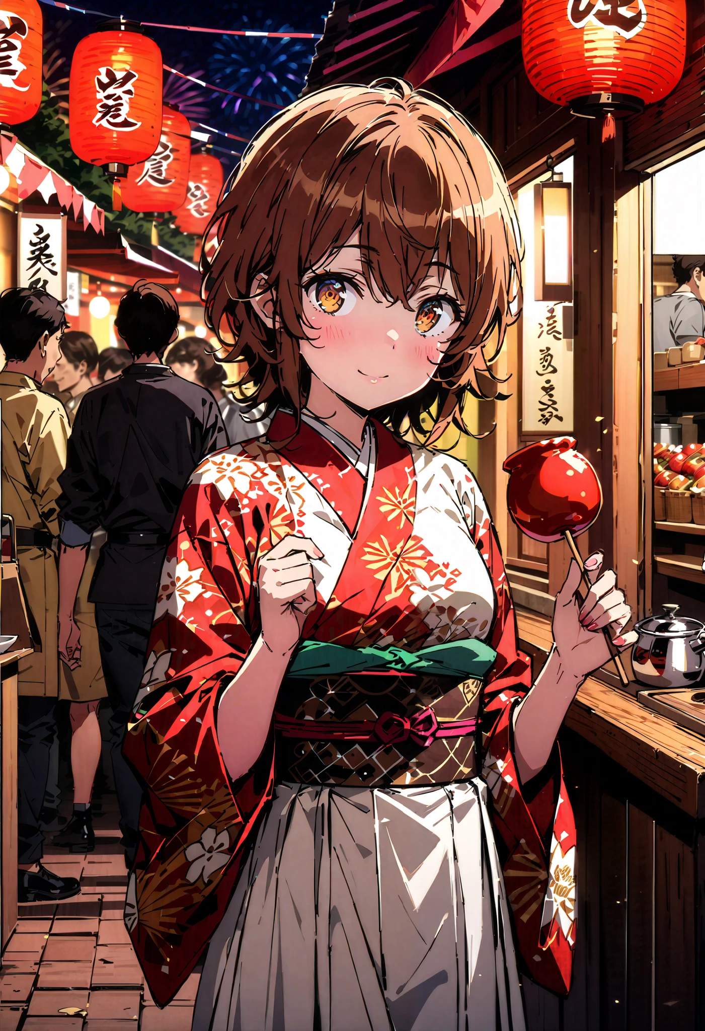 Liliru Card, Lilyrka is burning  , brown eyes,  tea hair,  short hair while on a business trip, smile,blush, mouths, small boobs,日本のfestival，夏festivalの屋台, red lanterns,Fireworks in the night sky, fireworks,The location is the fireworks festival.,The time is night, holding a stick with a candy apple on it with one hand,The white flower pattern kimono , white long skirt,whole bodyがイラストに入るように,
break looking at viewer,whole body,
break indoors,festival,
break (masterpiece:1.2), best quality  , kampala,unity 8k wallpaper,(shape:0.8),(  fine, beautiful eyes  :1.6),It's a person ,whole body写真,CG Details , (perfect hand, complete anatomy),